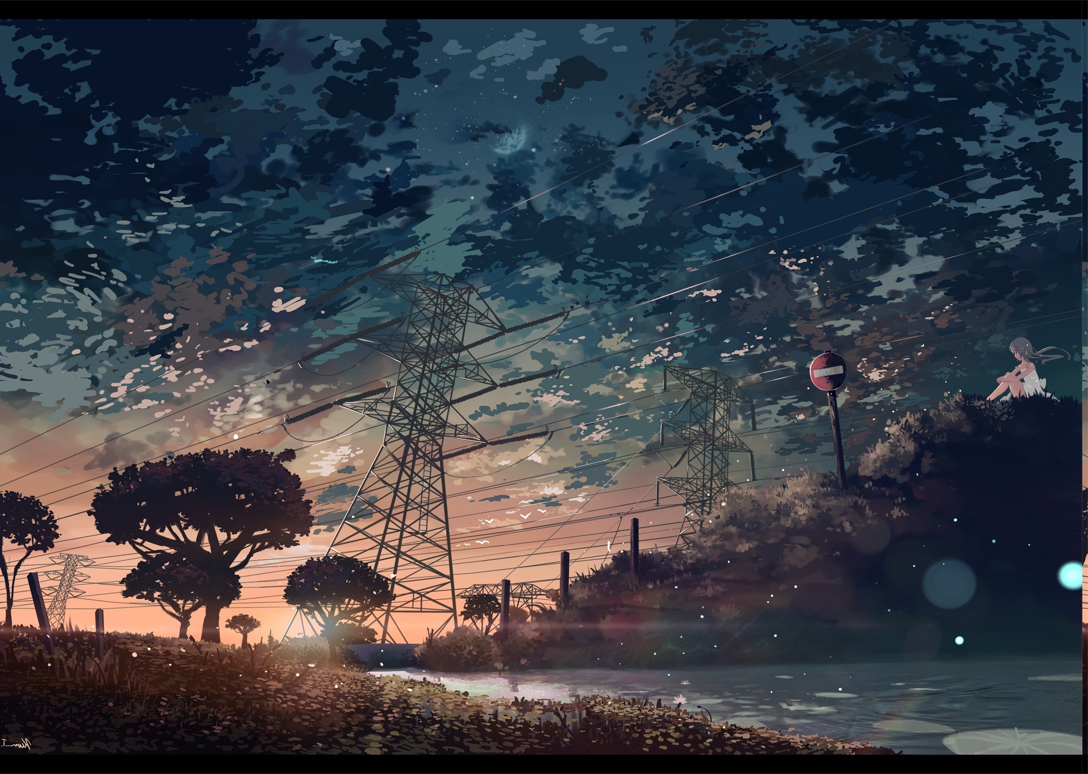 A serene anime landscape at sunset with power lines, a small figure in the distance, and a tranquil body of water in the foreground