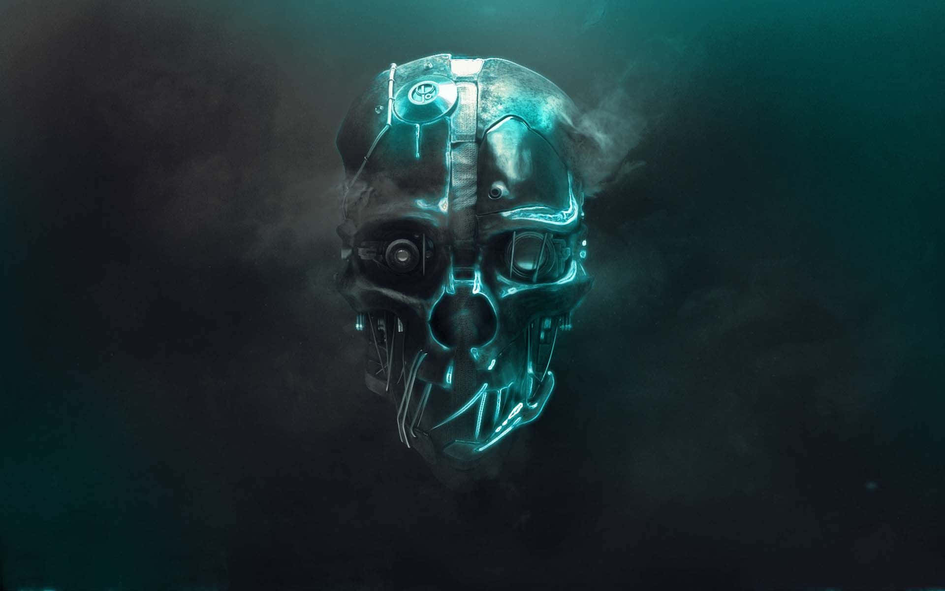 A dark, futuristic skull mask with glowing turquoise accents against a smoky backdrop