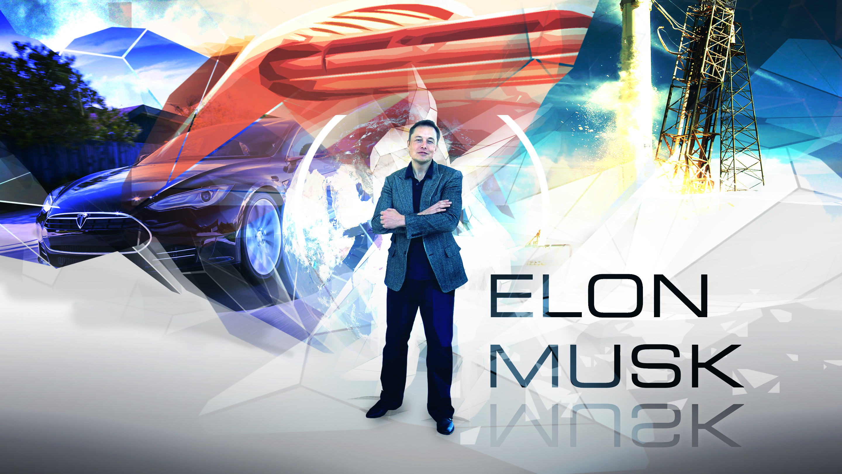 Elon Musk standing with arms crossed, with images of a Tesla, SpaceX rocket, and the world map in the background