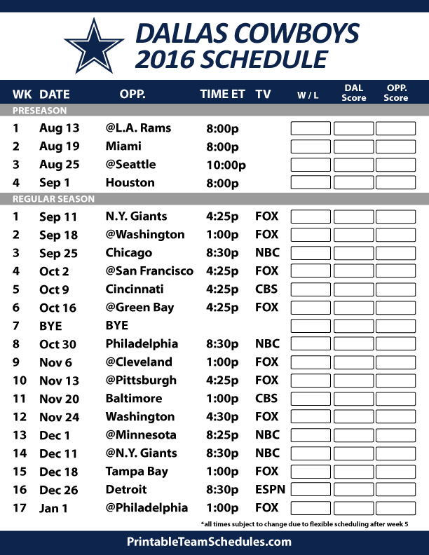 Printable Dallas Cowboys Schedule