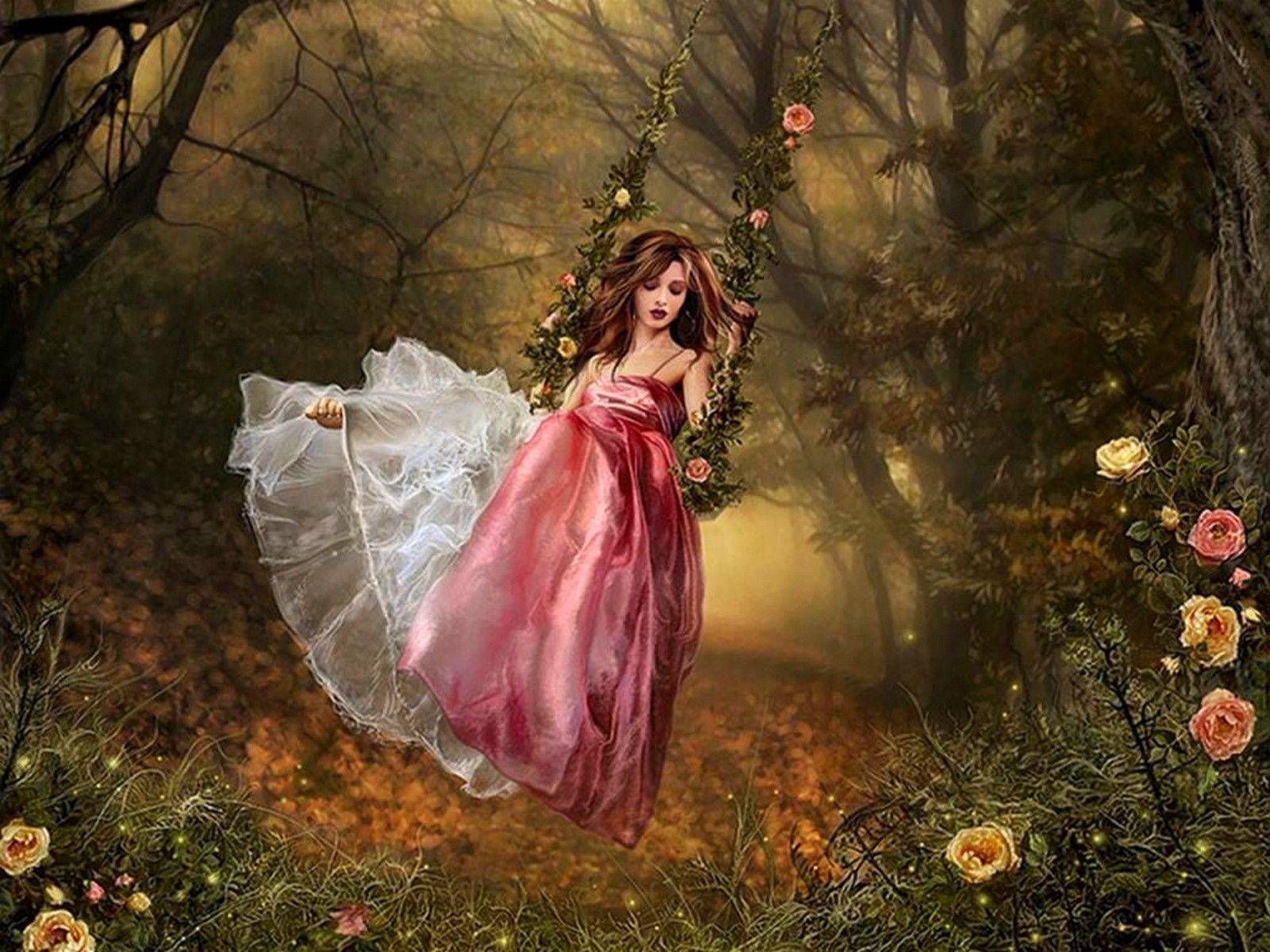 Girl On Swing Art Fantasy Flowers Forest Red