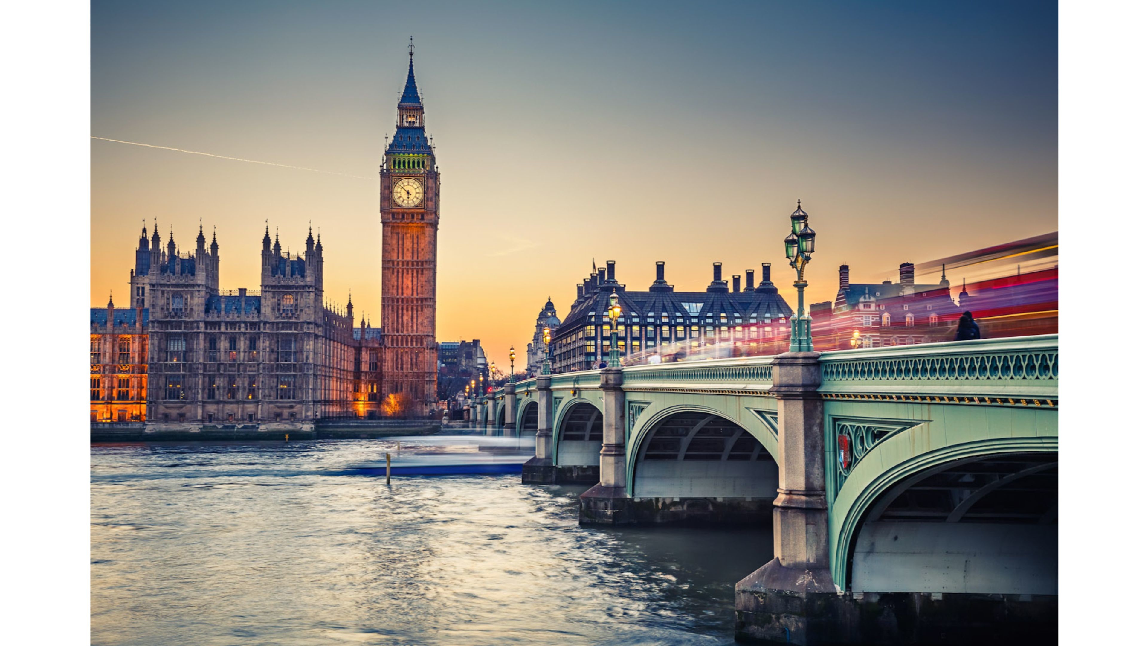 A stunning sunset view of the Palace of Westminster, Big Ben, and Westminster Bridge in London, England