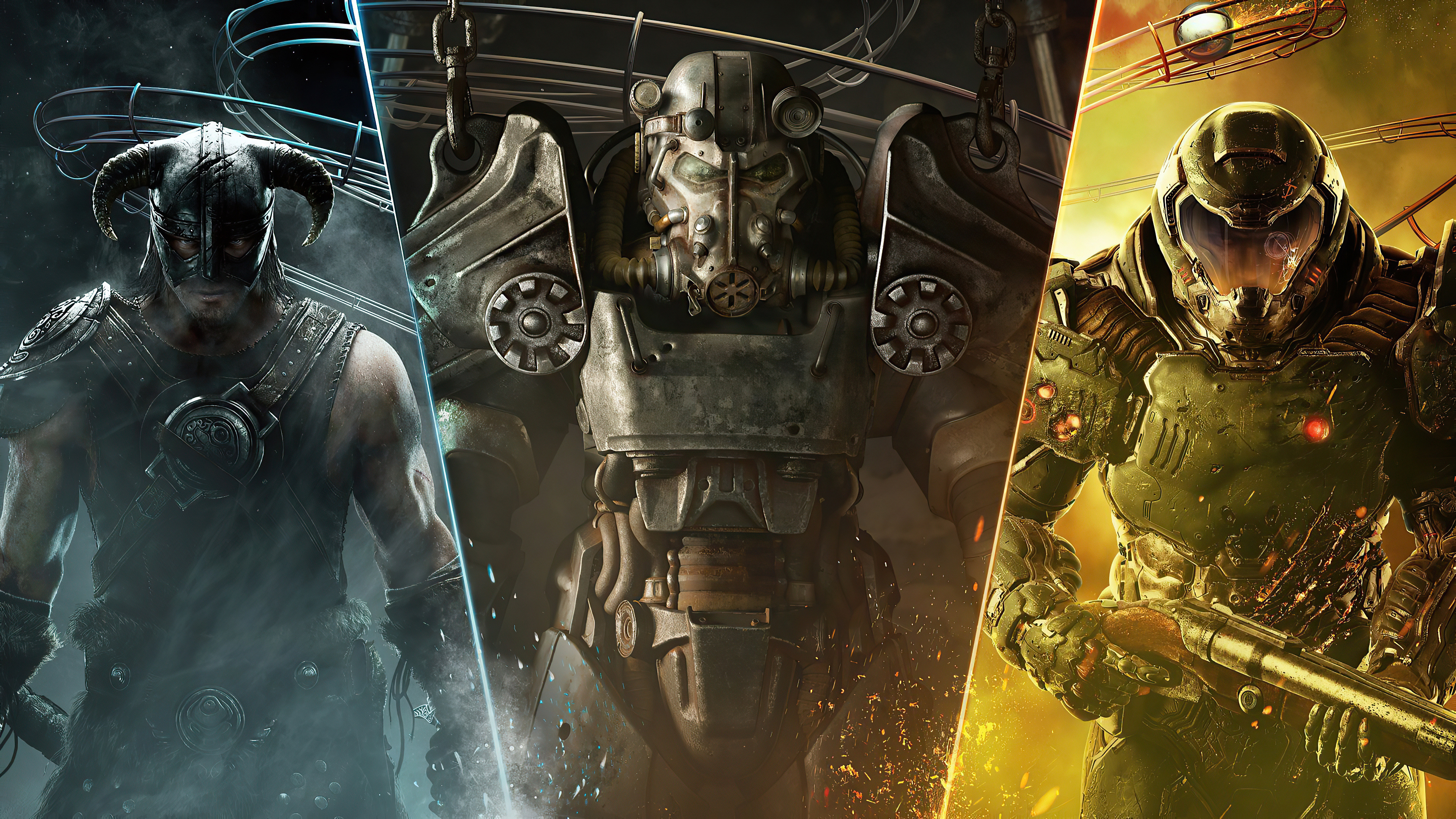 4K Xbox wallpaper featuring characters from Skyrim, Fallout, and Doom