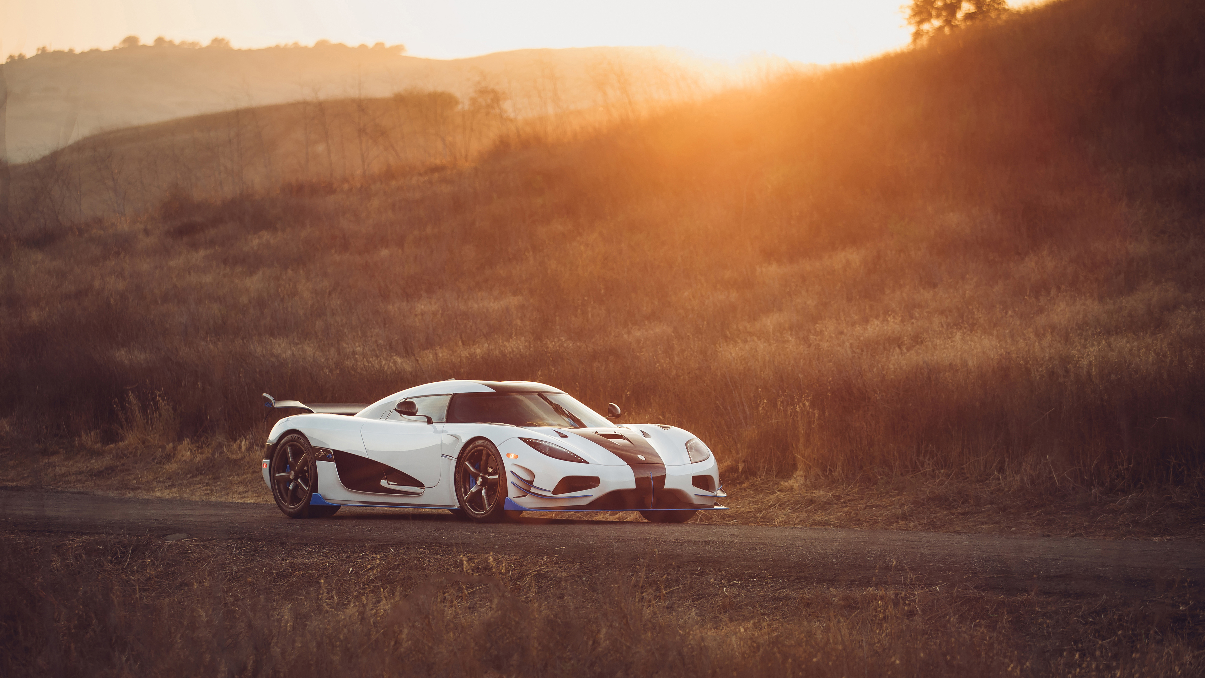 White and Black Koenigsegg Jesko Absolut on a Country Road at Sunset