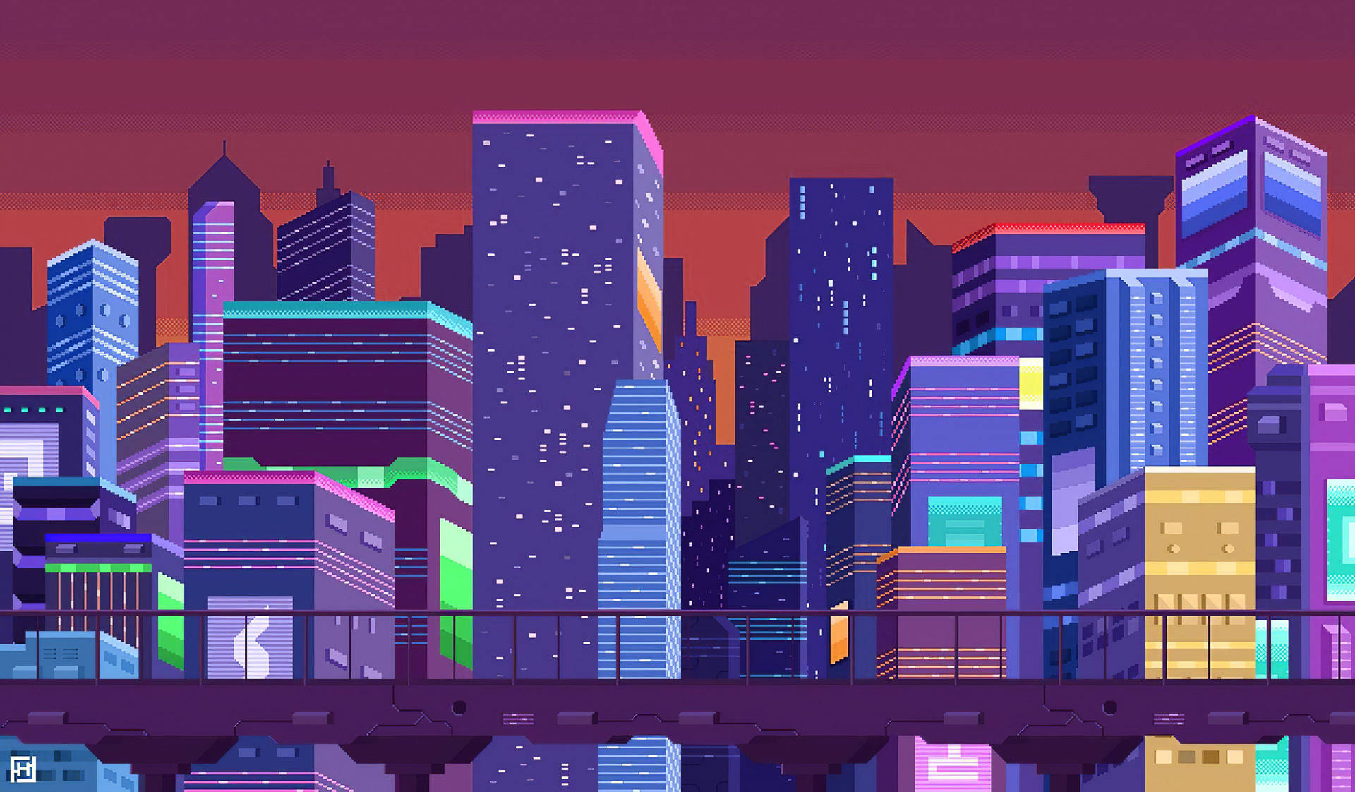 Colorful Pixel Art City Wallpaper