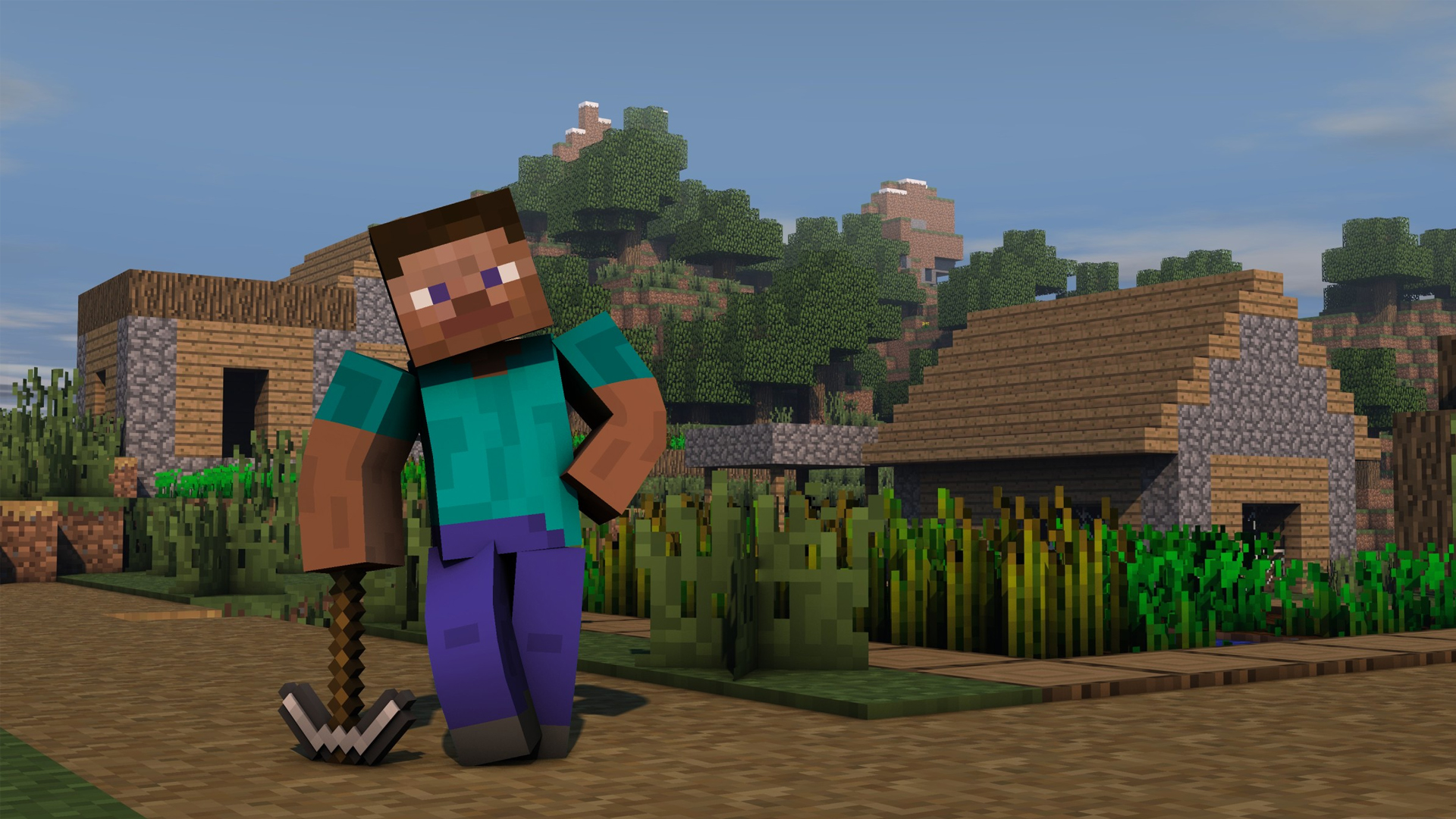 A pixelated rendering of Steve, the default Minecraft character, standing in a village with a pickaxe, houses, and crops in the background