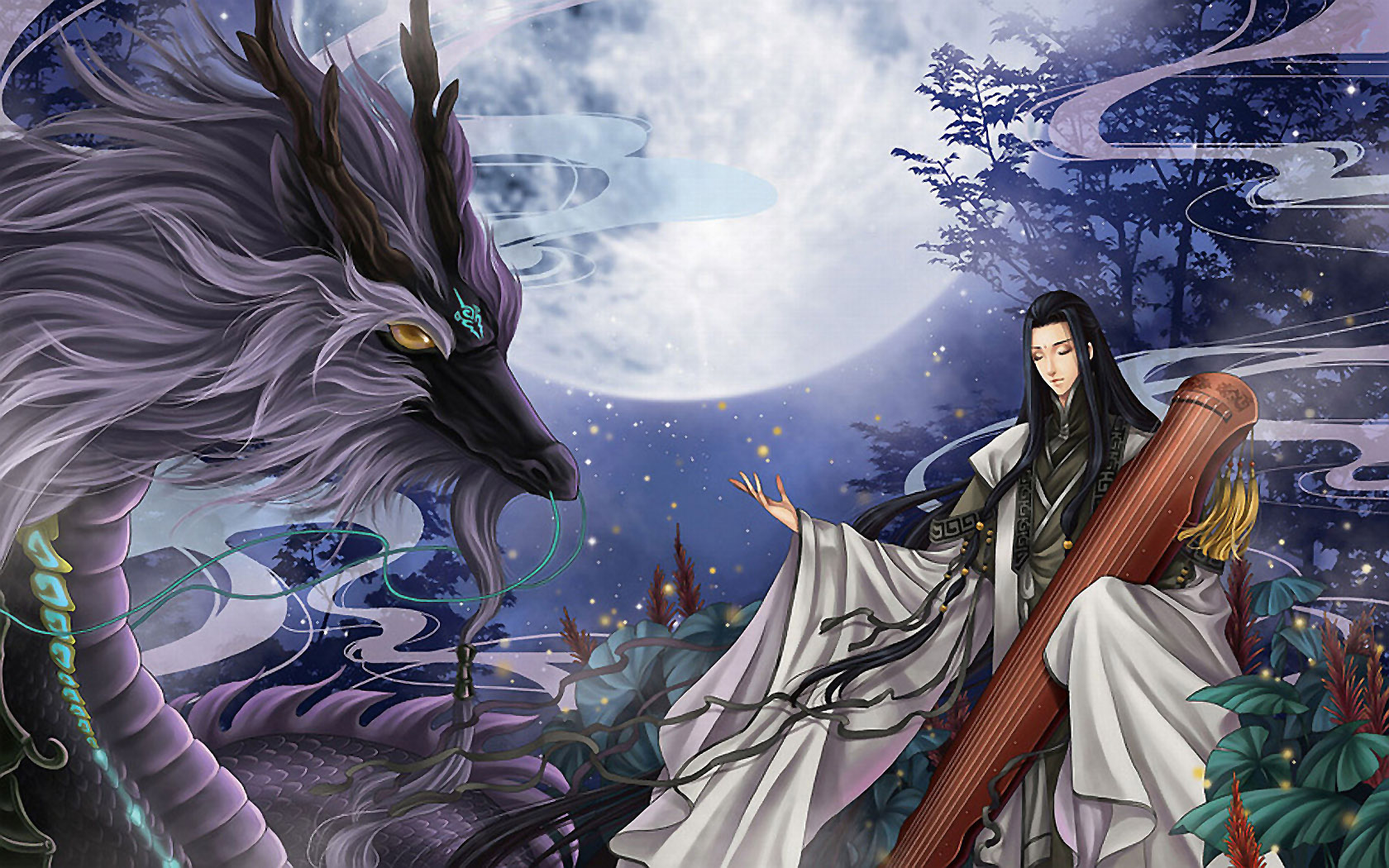 A man in traditional Chinese clothing plays a guqin for a large, ornate dragon under a full moon in a fantasy setting