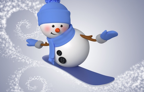 Wallpaper snowman 3d cute christmas new year snowman snowboard