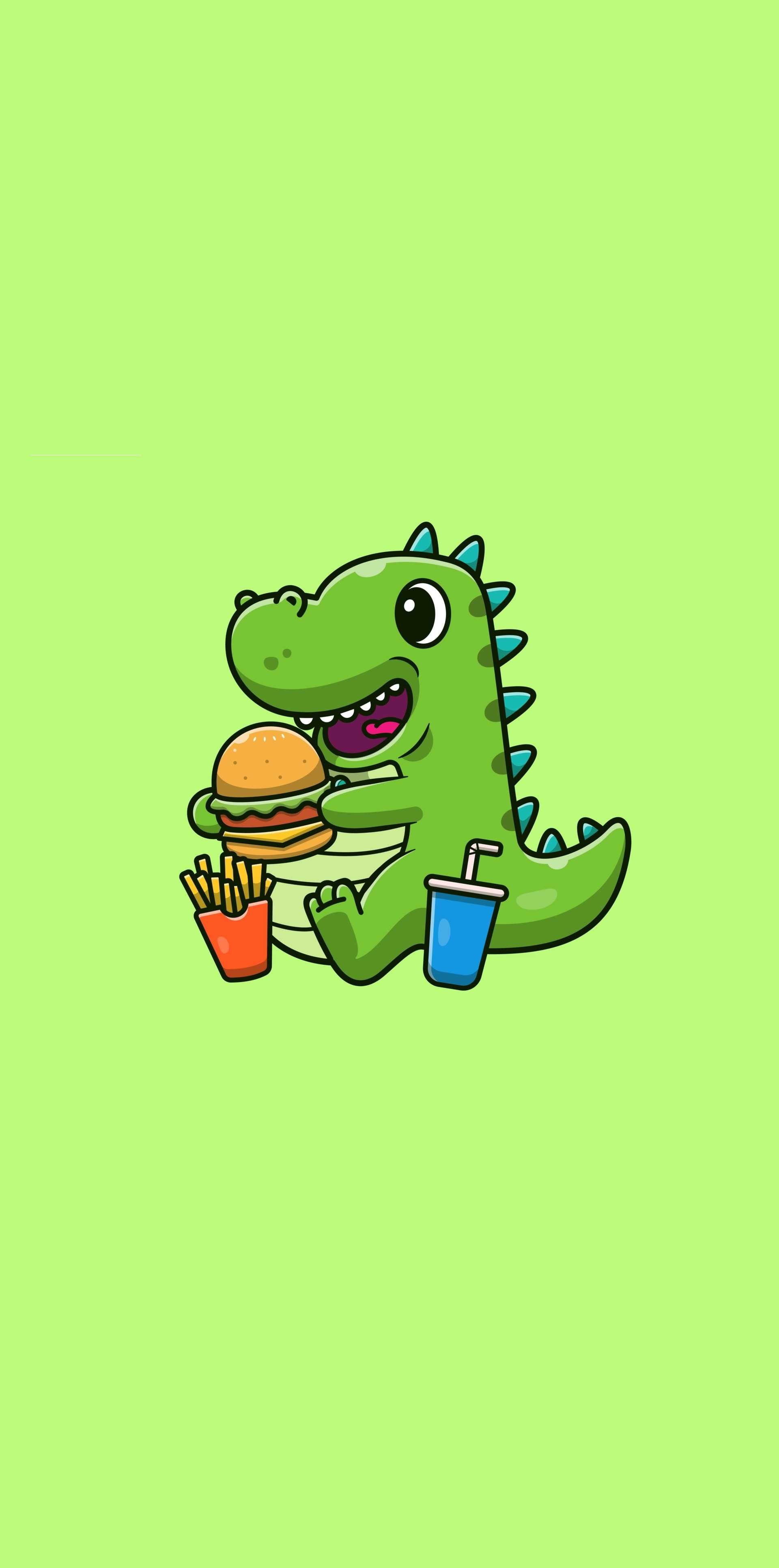 A cute, cartoon dinosaur enjoys a feast of a burger, fries, and a soft drink. This playful image is perfect for dinosaur enthusiasts