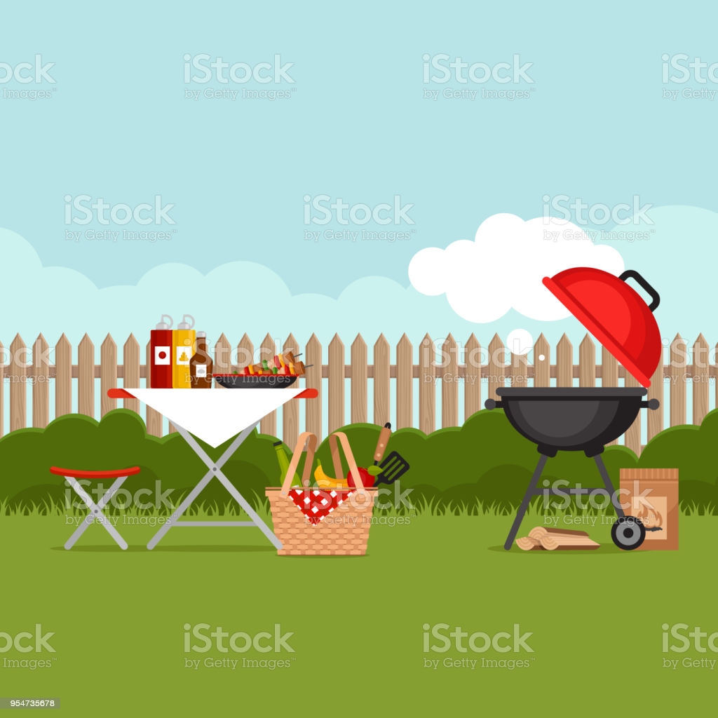 Bbq Party Background With Grill Barbecue Poster Flat Style Vector