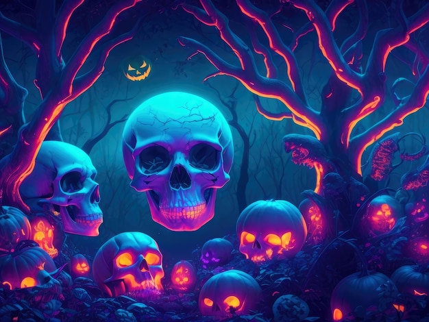 Halloween Illustration Showcasing Neon Skulls Wallpaper