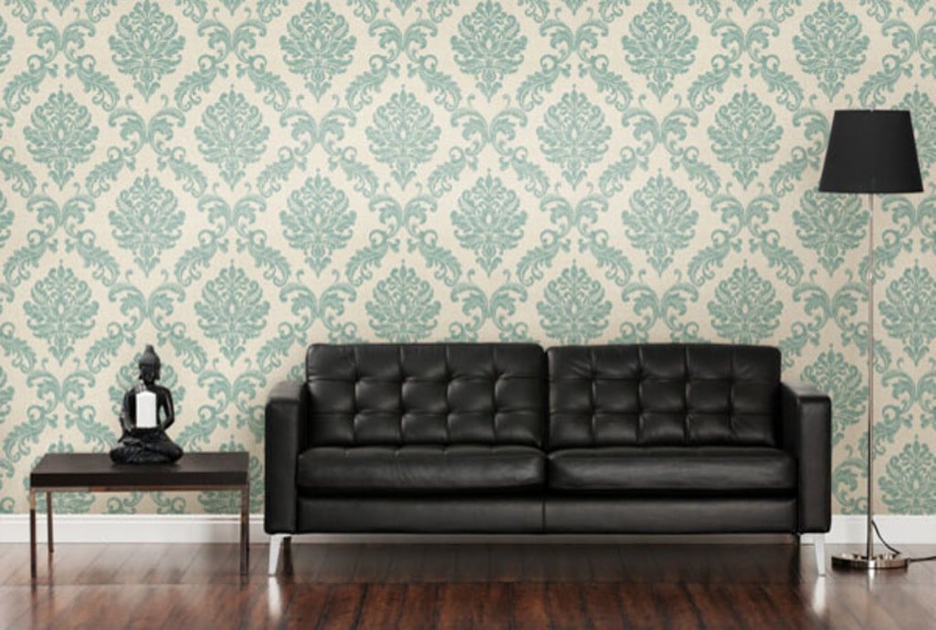 cream damask wallpaper living room