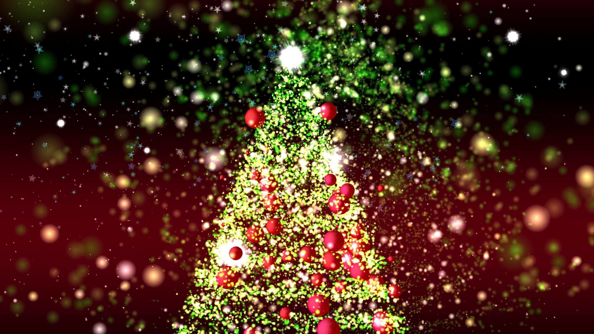 A sparkling Christmas tree with red ornaments on a dark red and green background with bokeh effect. Ideal for Christmas projects and creating a festive atmosphere