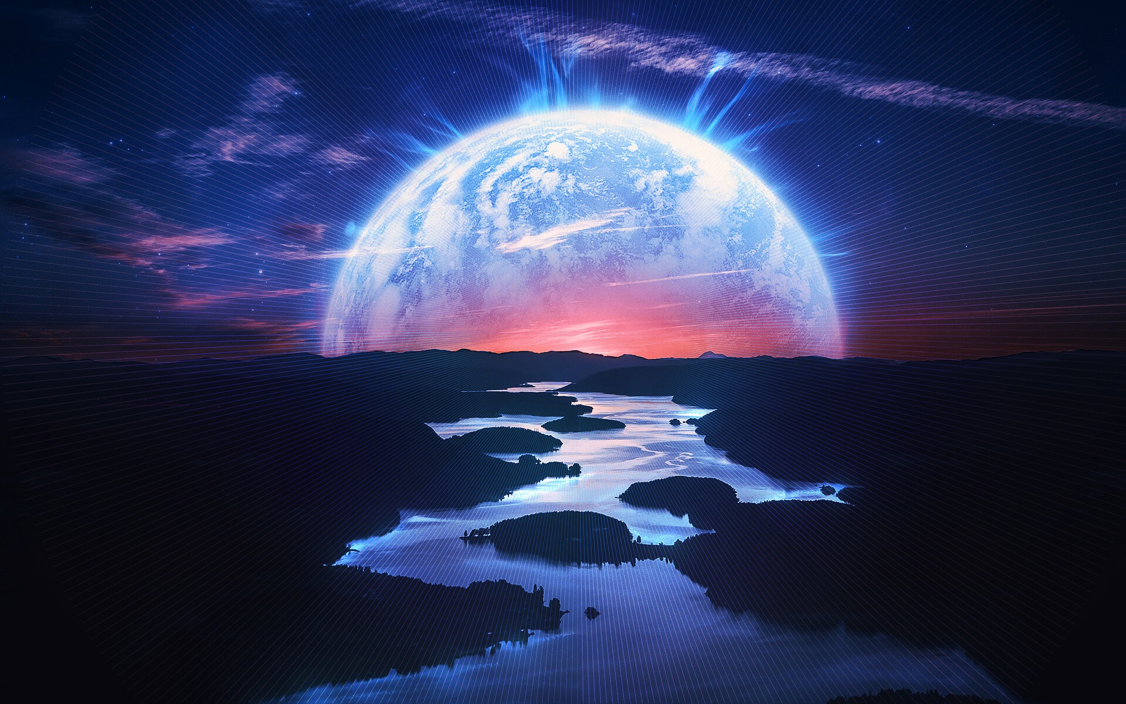 A stunning 4k artwork featuring a large, glowing planet rising above a serene landscape with a river and islands. The scene is infused with vibrant colors, creating a captivating and otherworldly atmosphere