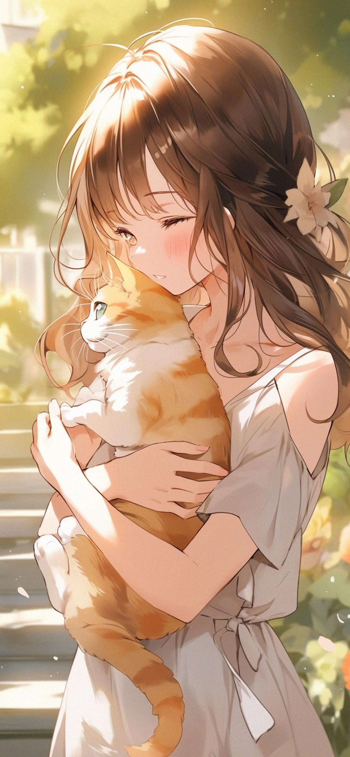 Cute Anime Girl With Cat Wallpaper 4k