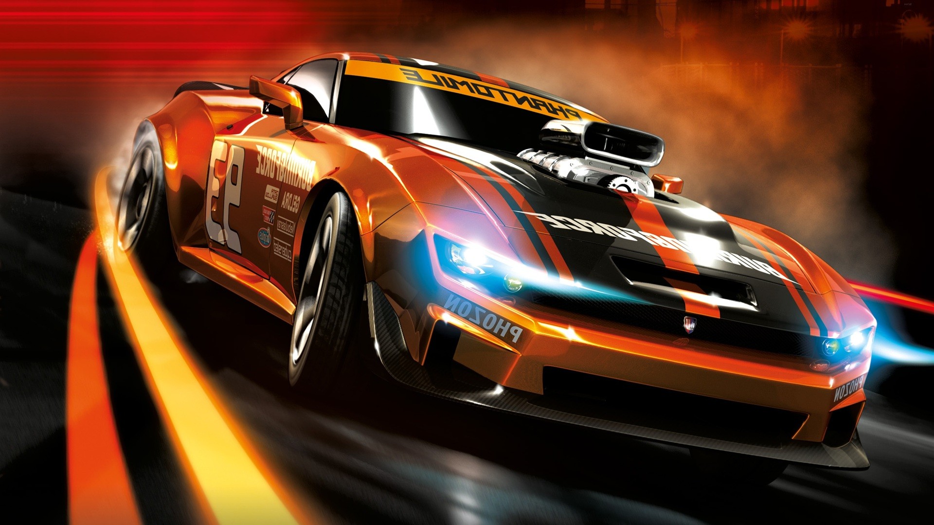 A vibrant orange sports car with black racing stripes, speeding down a track with motion blur, leaving orange light trails in its wake. The car features a prominent hood scoop, adding to its powerful and dynamic appearance