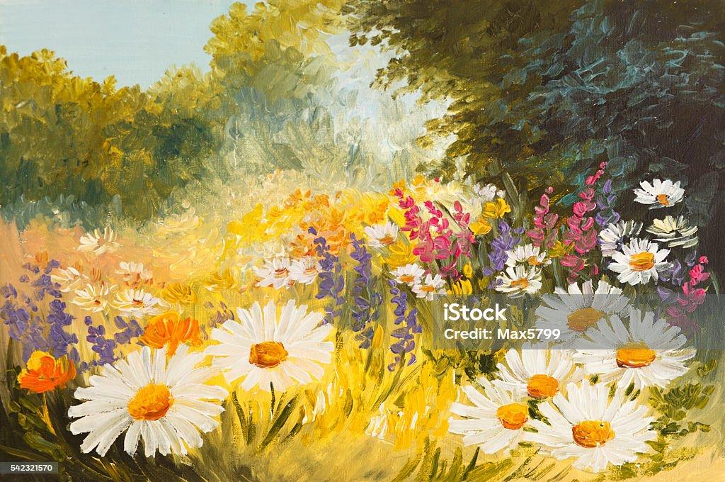 Oil Painting Field Of Daisies Colorfull Art Drawing Stock
