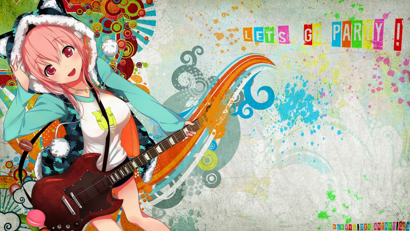 Super Sonico Animation Headphone Guitar Girl HD Wallpaper