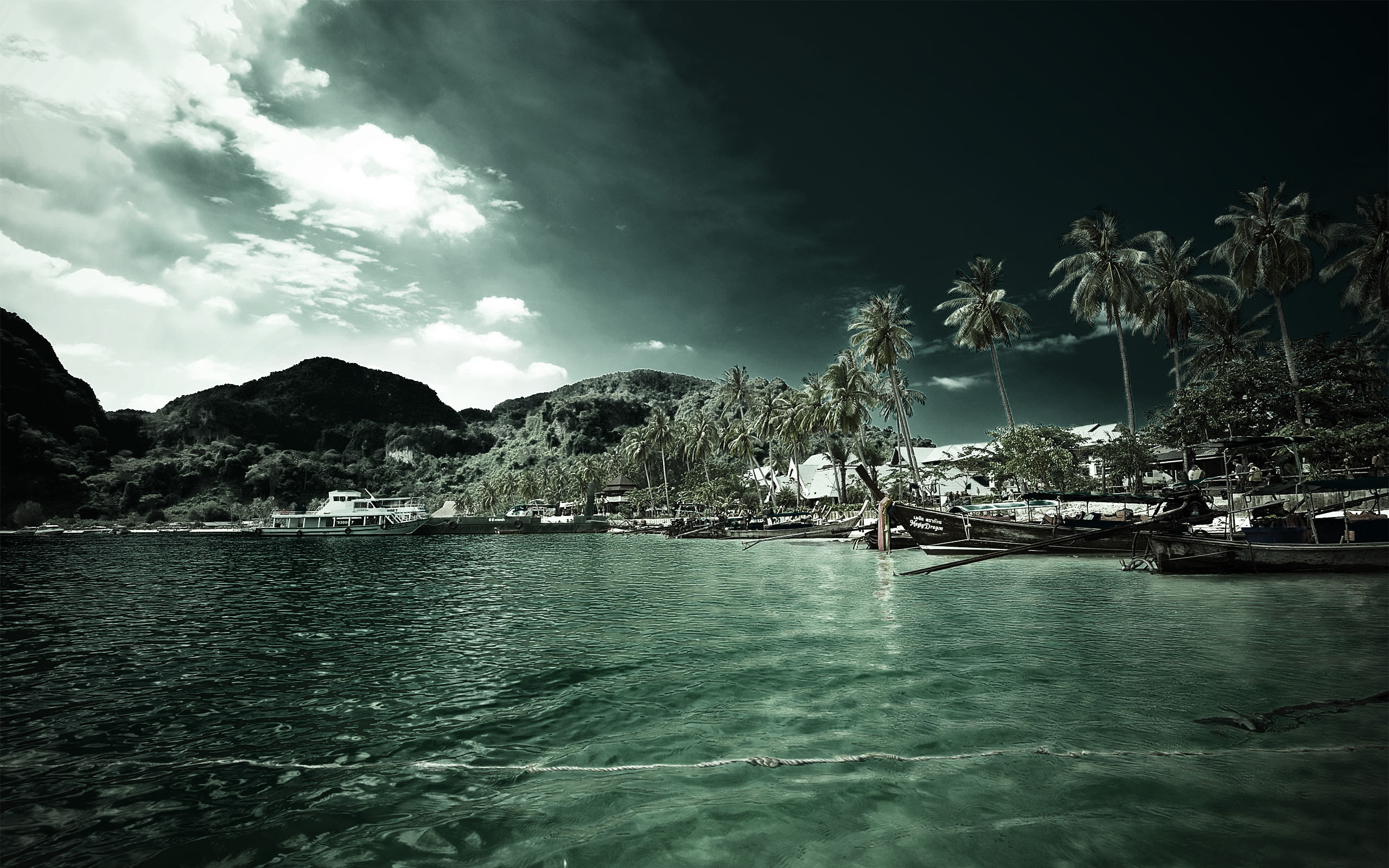 Dark teal tropical beach scene with boats and palm trees