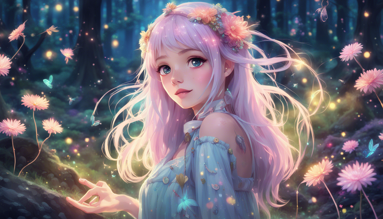 Design A High Definition Wallpaper Featuring Cute Anime Girl With Pastel Colored Hair Wearing Dazzling Array Of Sparkly Accessories And Whimsical Flowy Outfit The Background Should Be Dreamy Enchanted Forest Glowing Fireflies Colorful Flowers Overall Vibe Magical Perfect For Anyone Who Loves Touch Fantasy In Their Daily Life