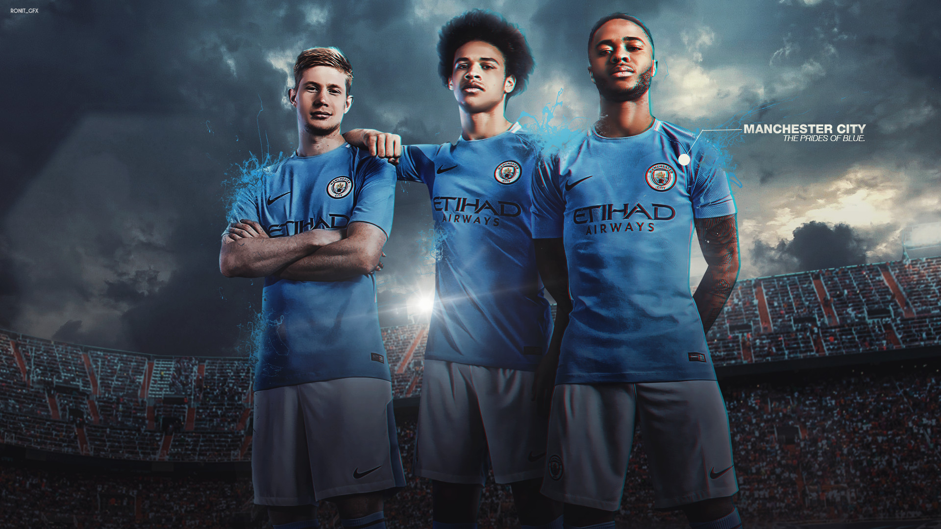 Three Manchester City players in their home kit stand confidently in front of a blurred stadium background. This dynamic image captures the essence of Manchester City's pride and power