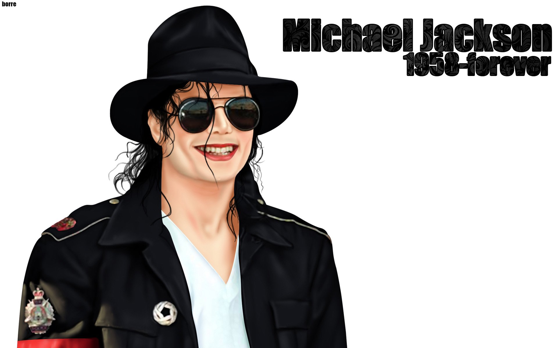 A portrait of Michael Jackson wearing a black hat and sunglasses, smiling