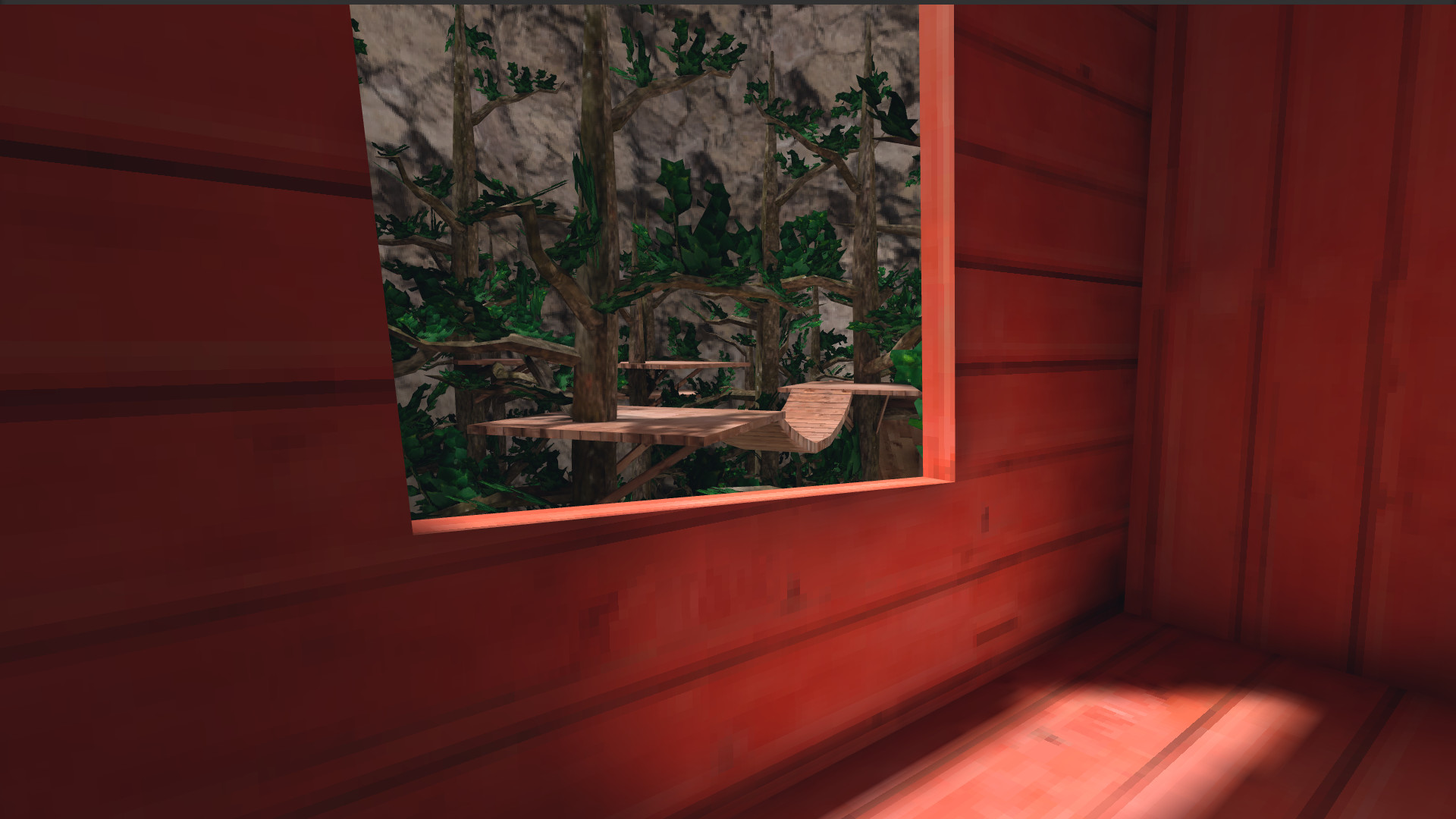View of a treehouse or jungle gym through a window in a red wooden room