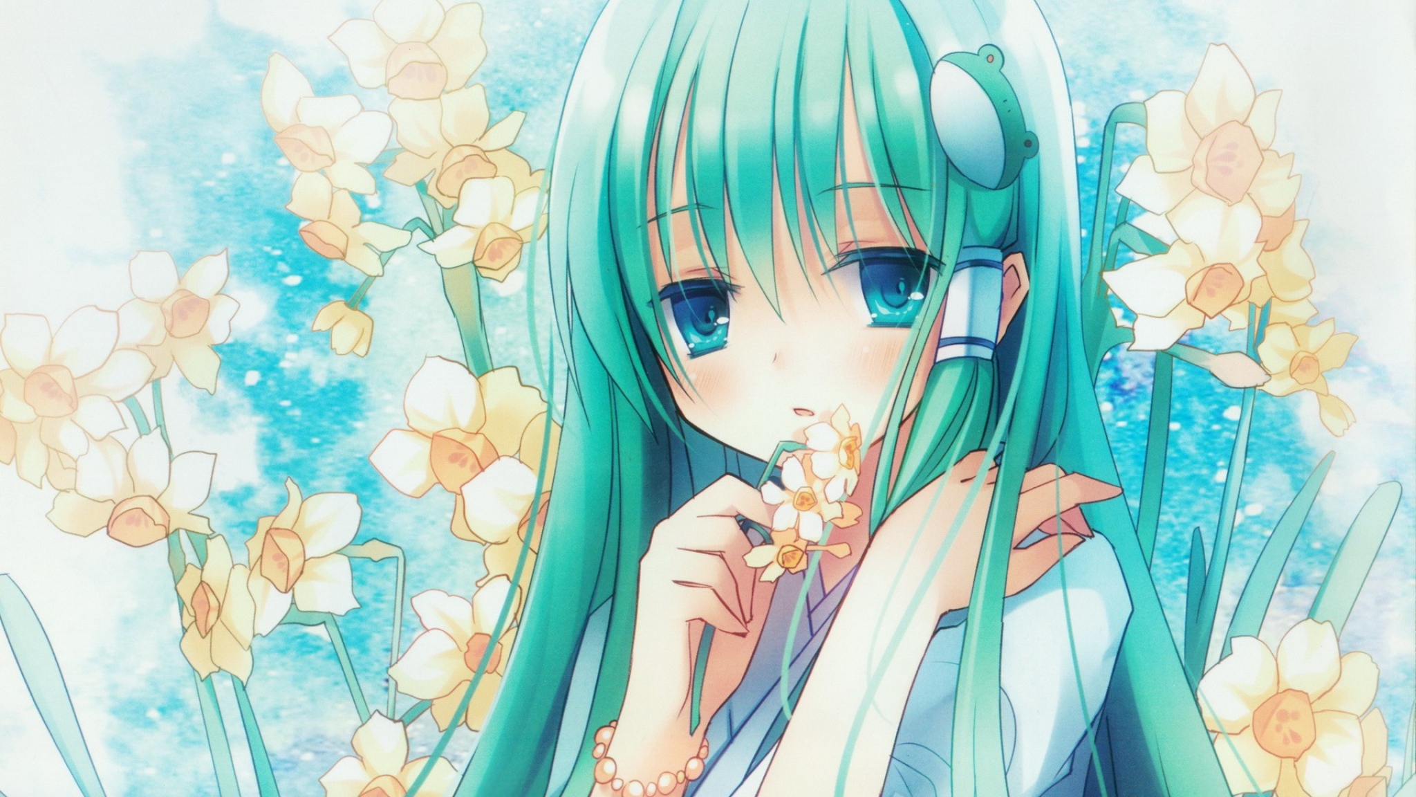 2048x1152 Anime Girl Hair Long Flower Narcissus Eye Wallpaper