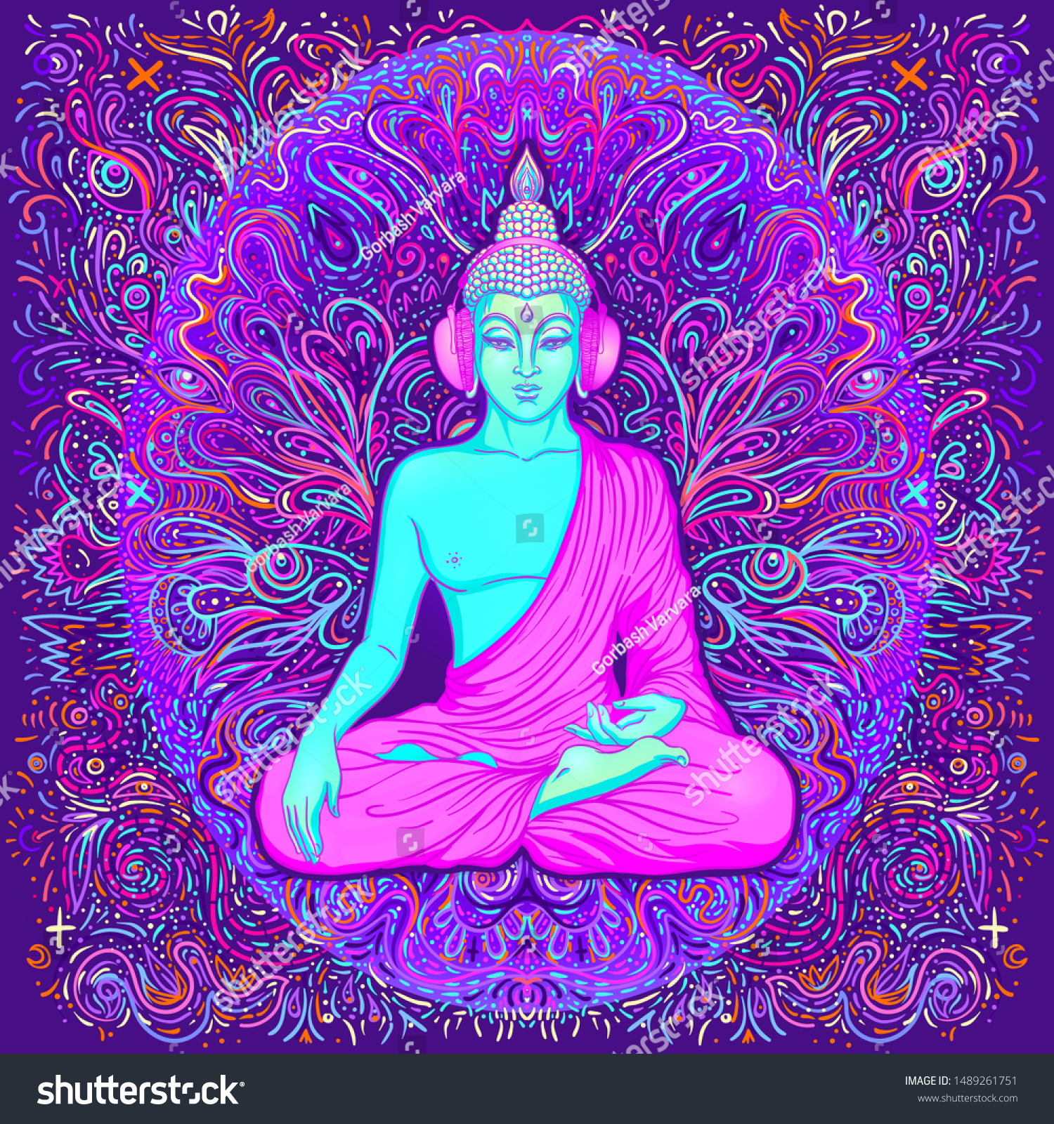 Sitting Buddha Over Colorful Neon Background Stock Vector Royalty