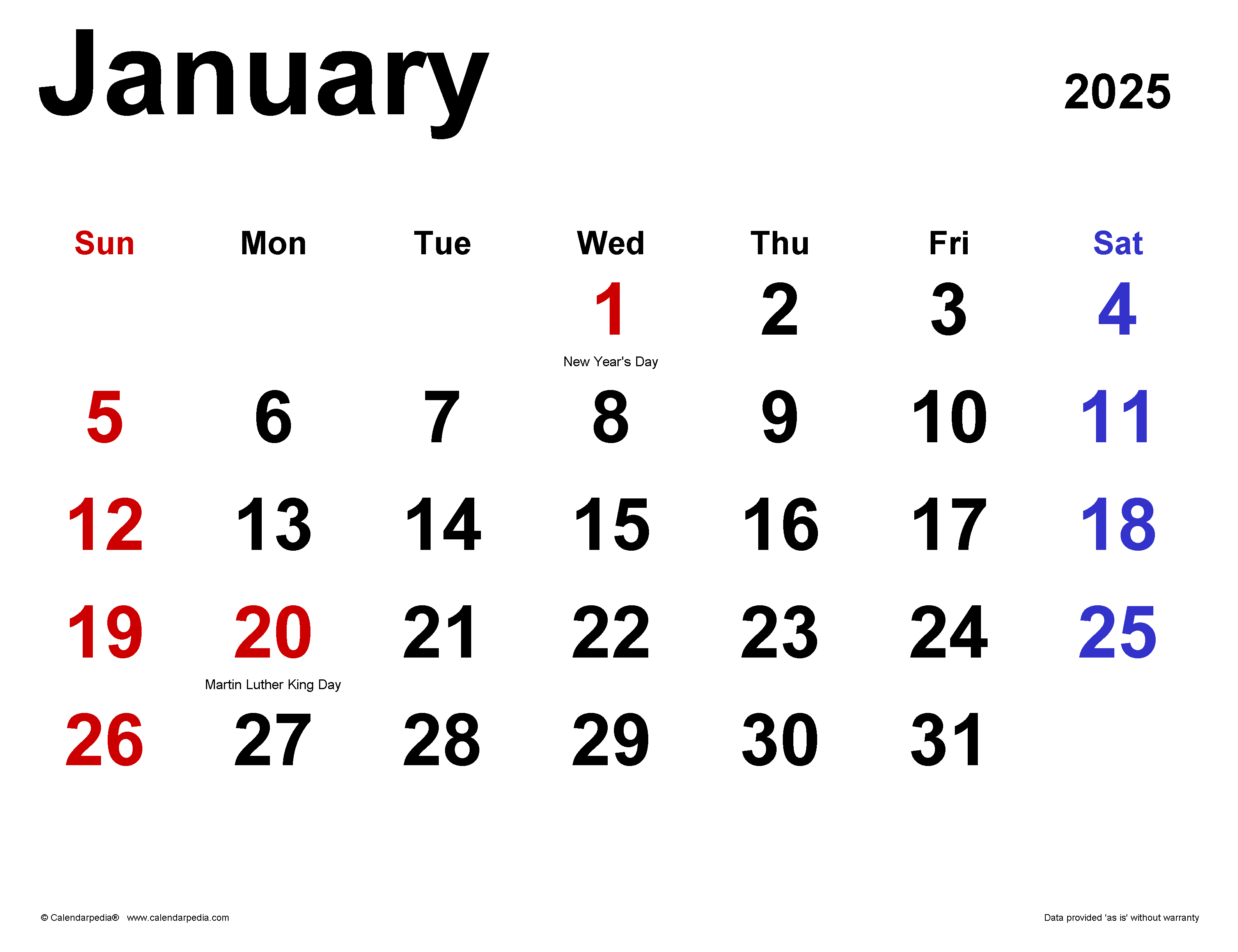 January 2025 calendar with holidays highlighted
