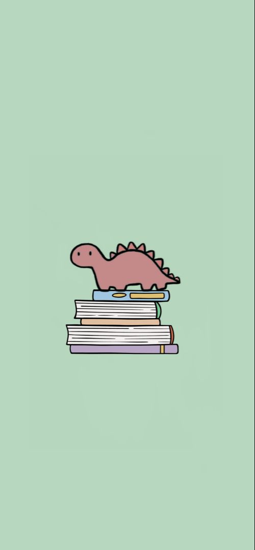A Pink Dinosaur Sitting On Top Of Pile Books Next To Green Wall Wallpaper
