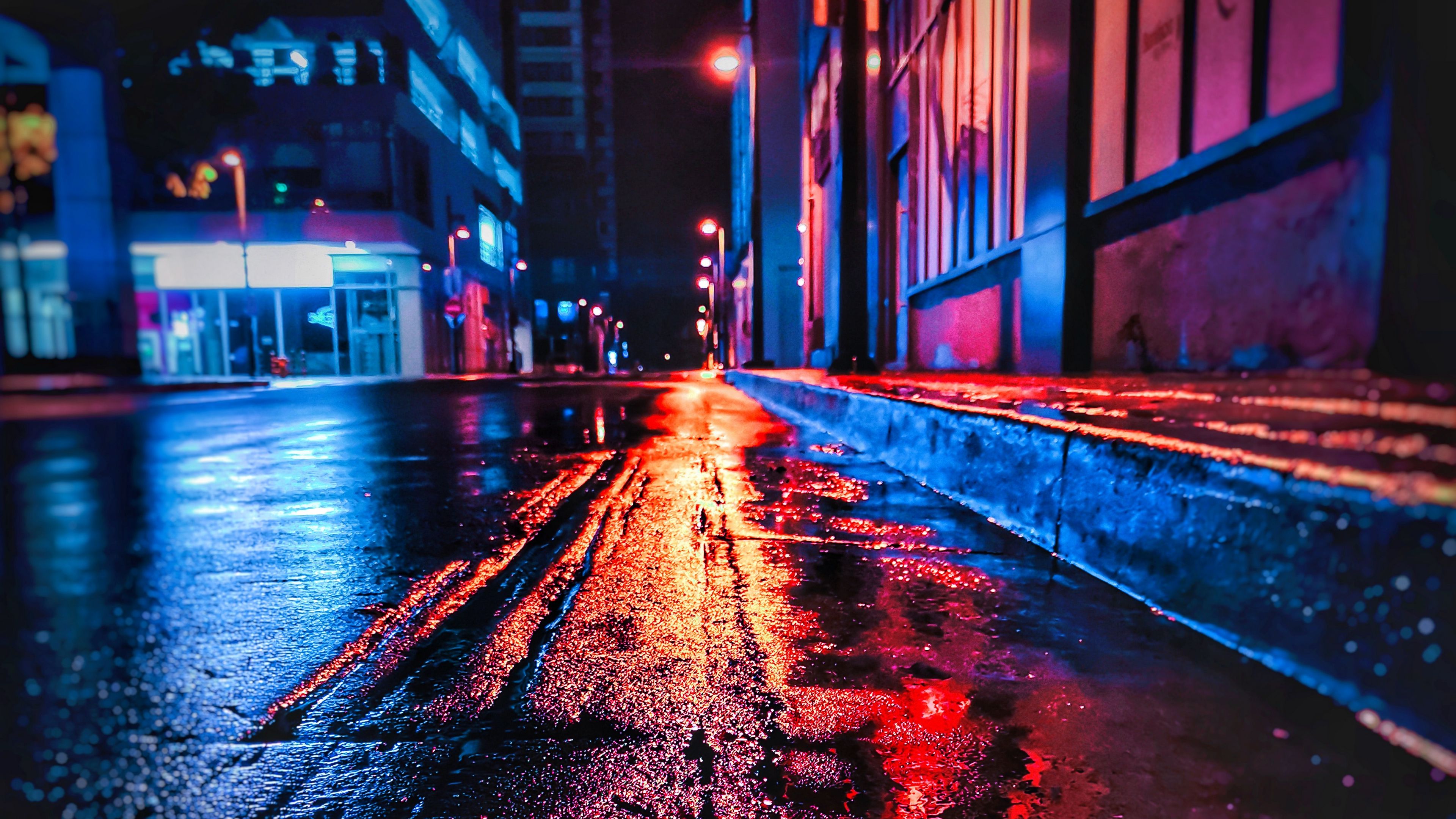 Street Night Wet Neon City 4k HD Wallpaper
