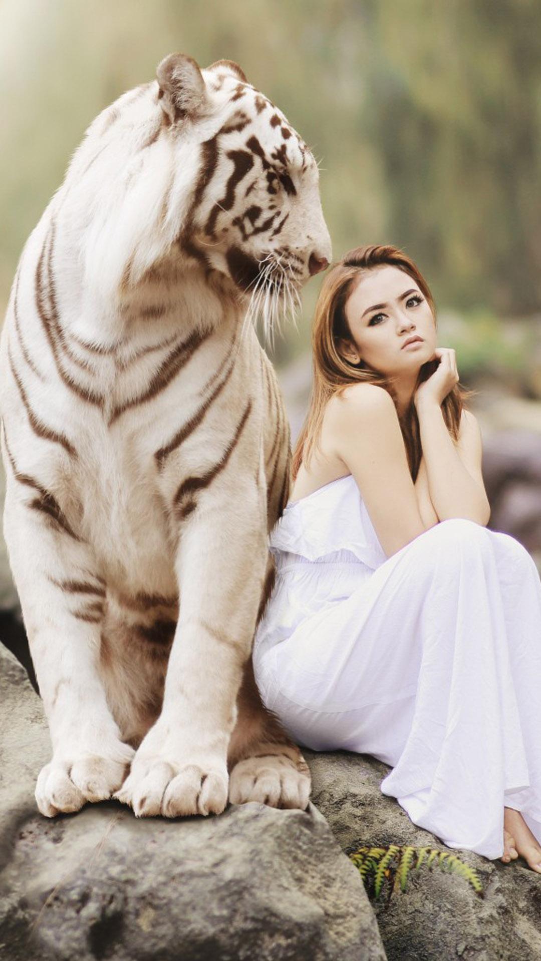 Asian Model With White Tiger Photoshoot 4K Ultra HD Mobile Wallpaper