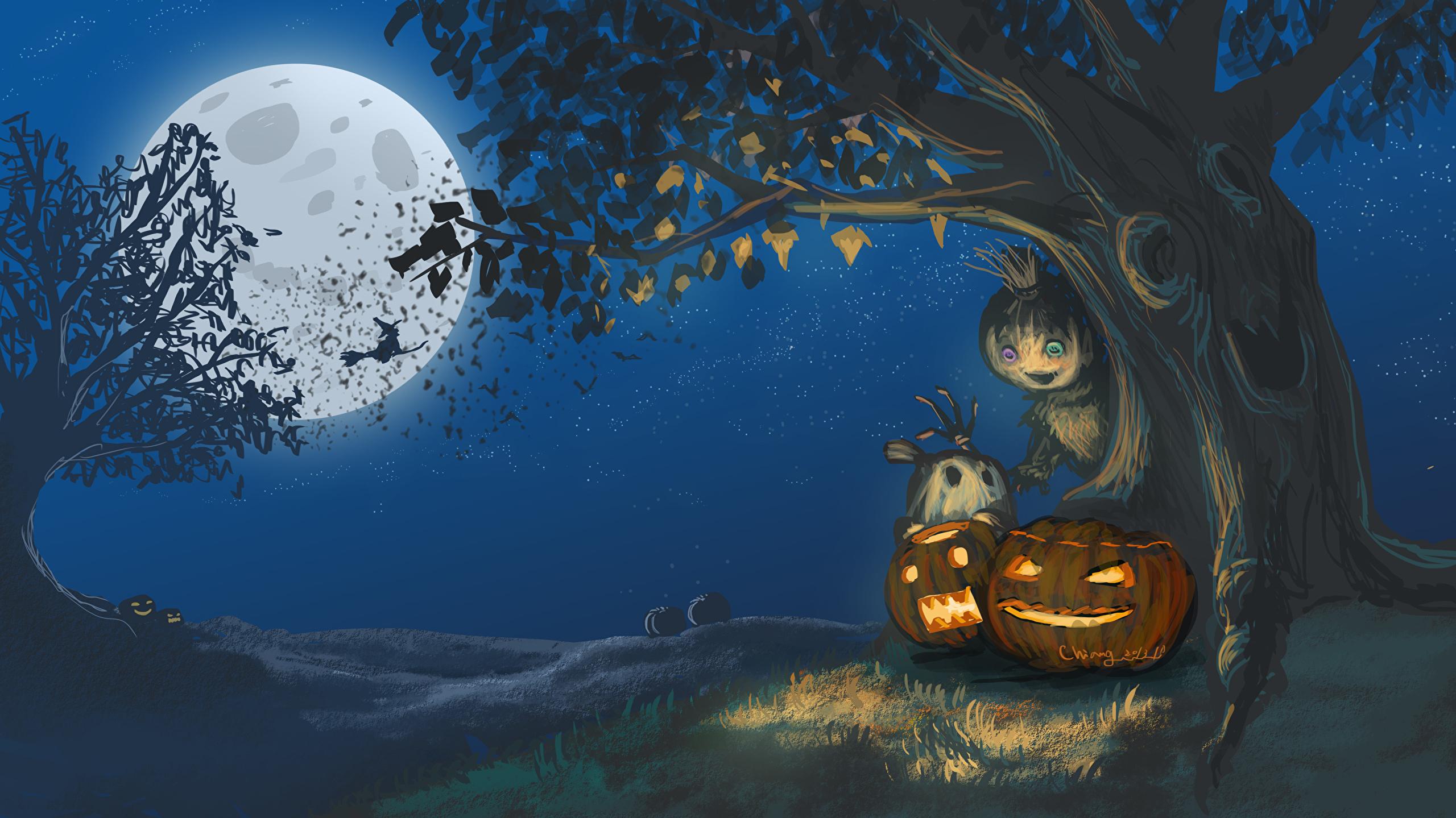 Image Fantasy Pumpkin Halloween Moon Night Trees