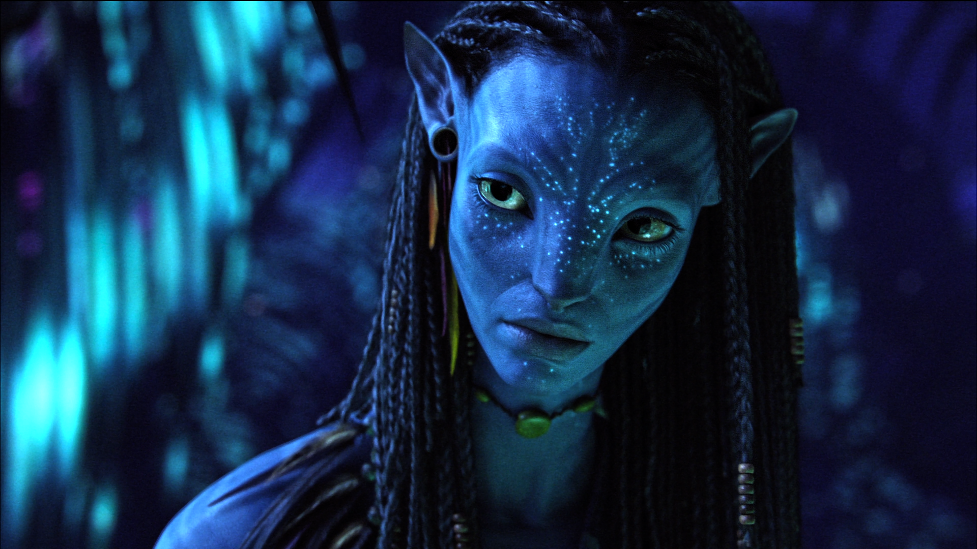 Neytiri from Avatar, a Na'vi princess, in a close-up, with a determined gaze against a vibrant bioluminescent Pandora backdrop