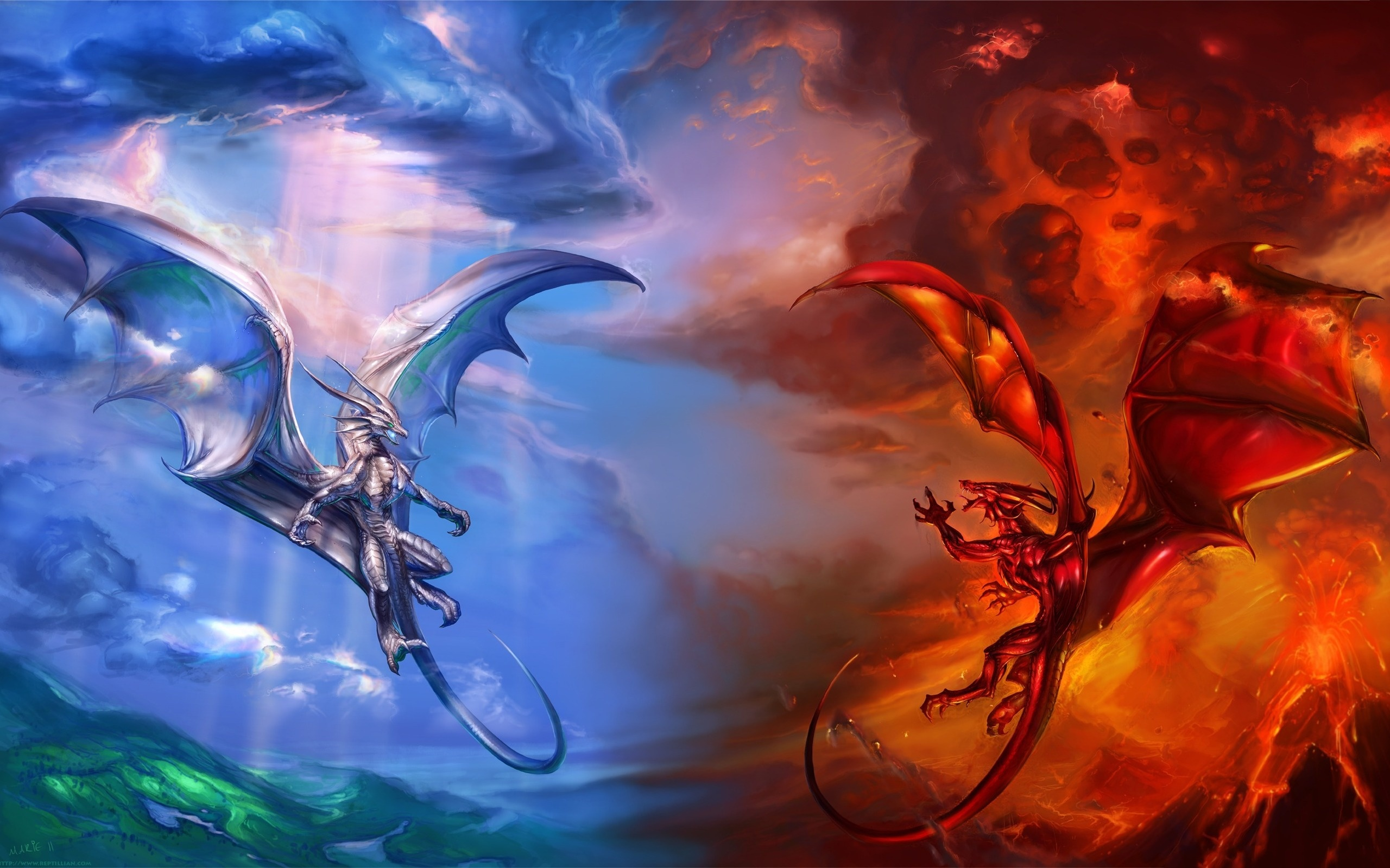 Two dragons, one silver and one red, facing each other in a fantasy landscape, representing opposing elements