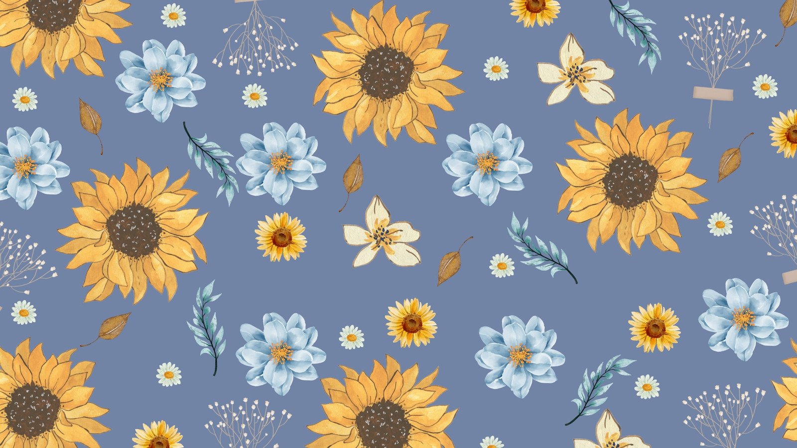A seamless floral pattern wallpaper with sunflowers and blue flowers on a periwinkle background
