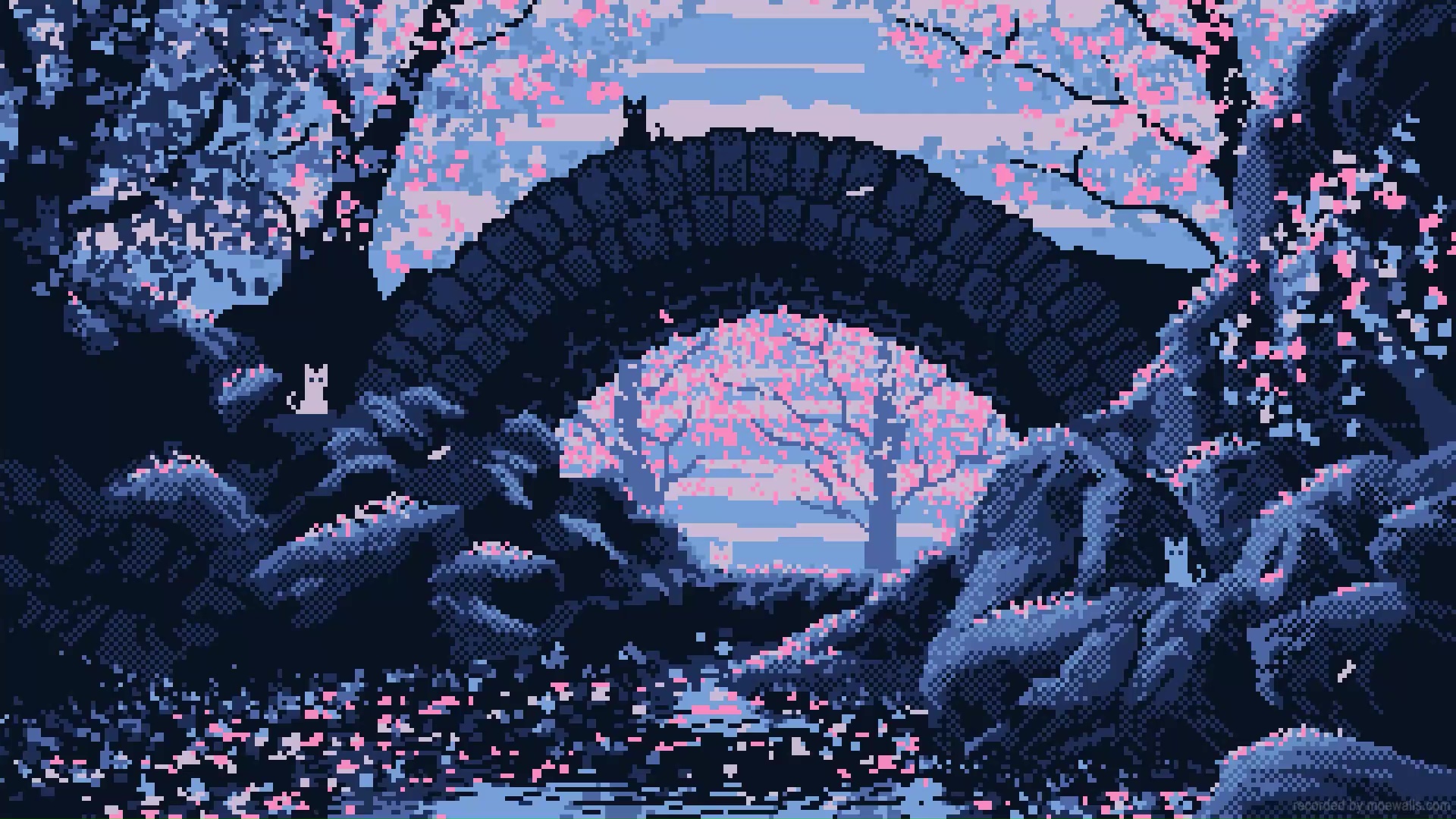 Pixel art landscape with a stone bridge, cherry blossom trees, flowing water, and cats