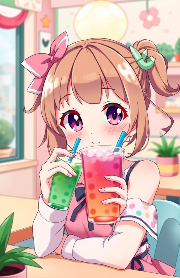 Cute Anime Girl Drinking Boba Wallpaper