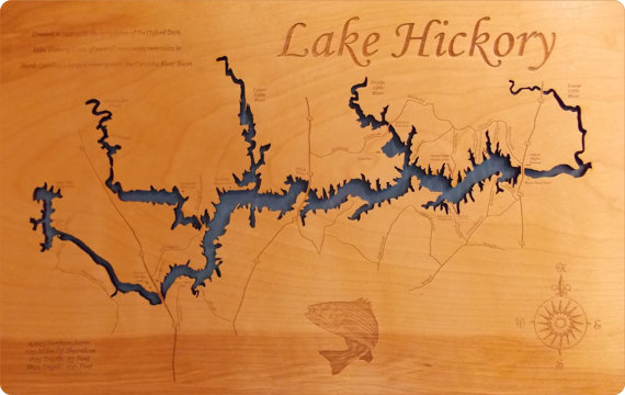 Lake Hickory North Carolina Wood Laser Engraved Map Wall Hanging