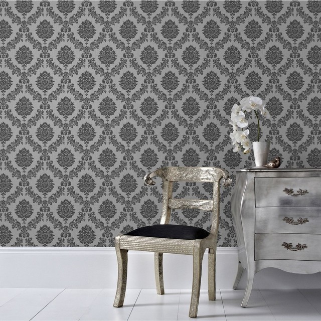Jacquard Black And Grey Wallpaper Victorian By Graham
