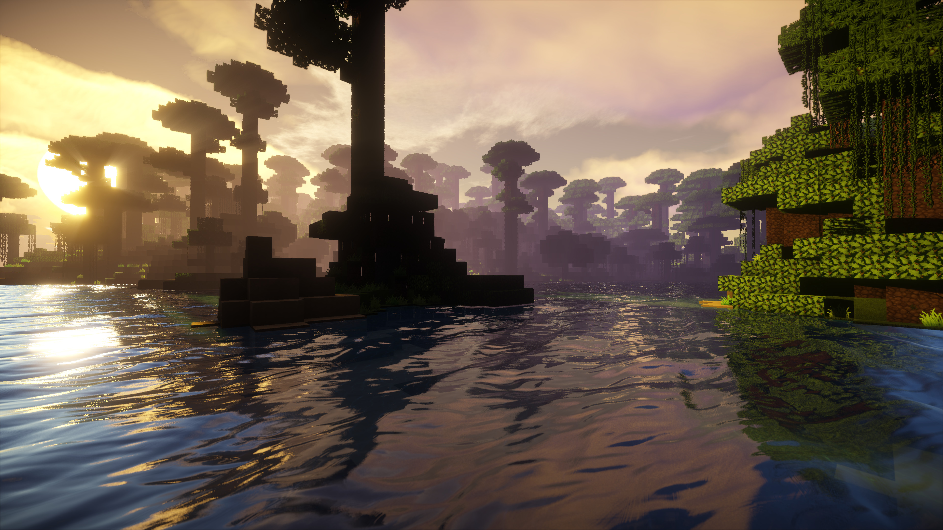A stunning sunset over a Minecraft swamp biome, with lush trees and tranquil water reflections