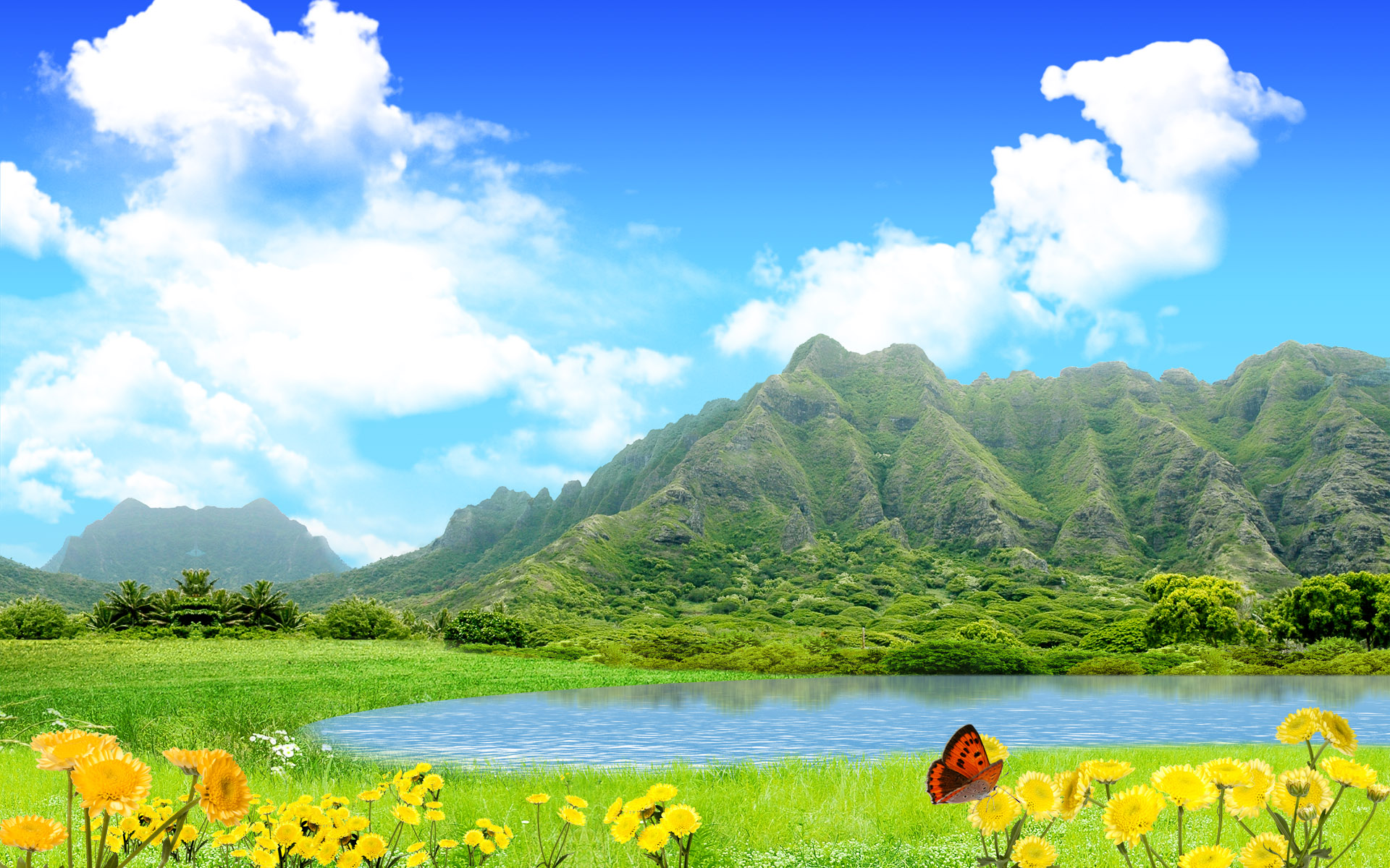 Scenery Wallpaper Includes Green Mountains Blue Sea And Yellow