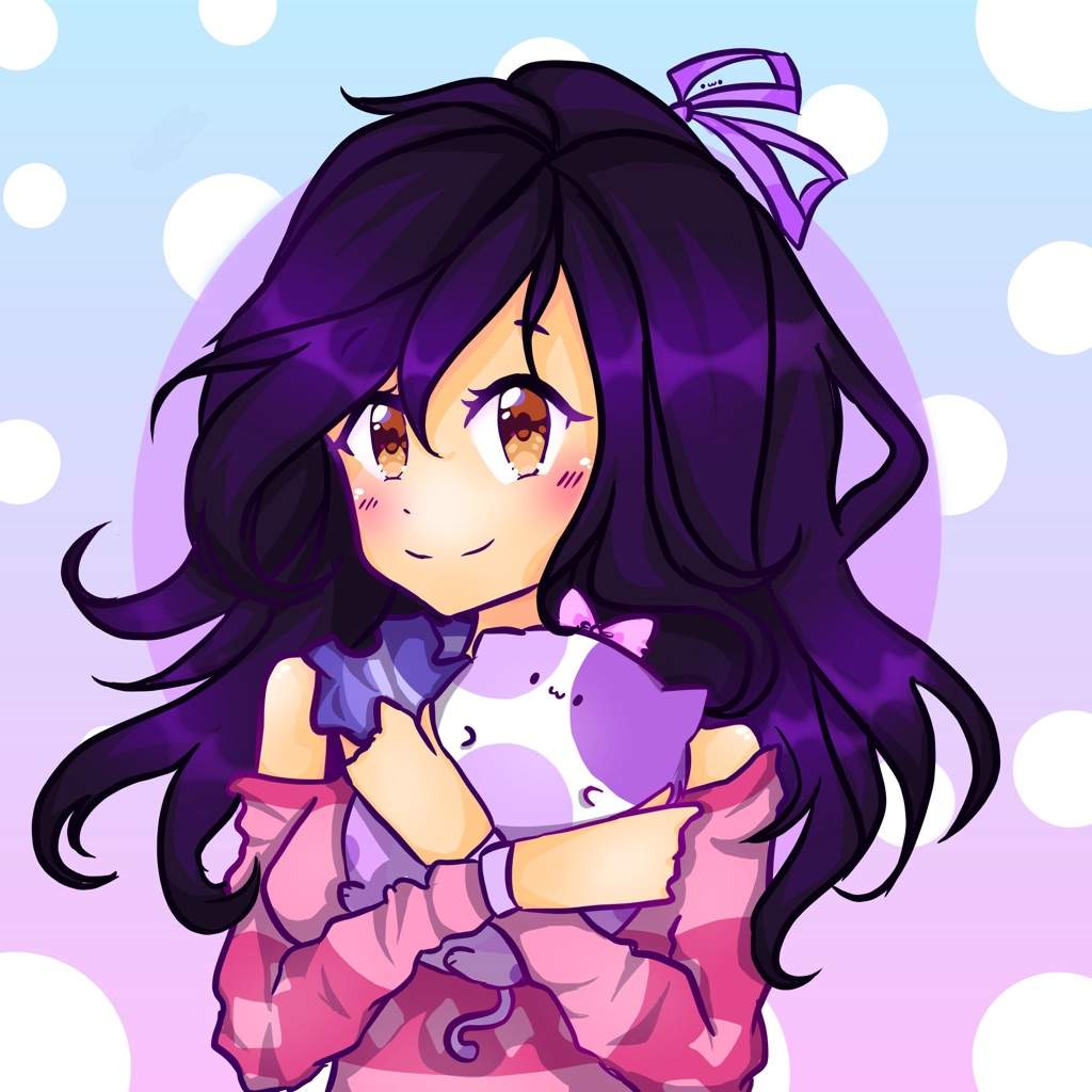 A vibrant anime-style illustration of Aphmau, a popular YouTuber known for her Minecraft roleplay series, cradling a cute purple cat plush. The image features pastel colors, and Aphmau is depicted with long, flowing dark purple hair and a warm, inviting expression