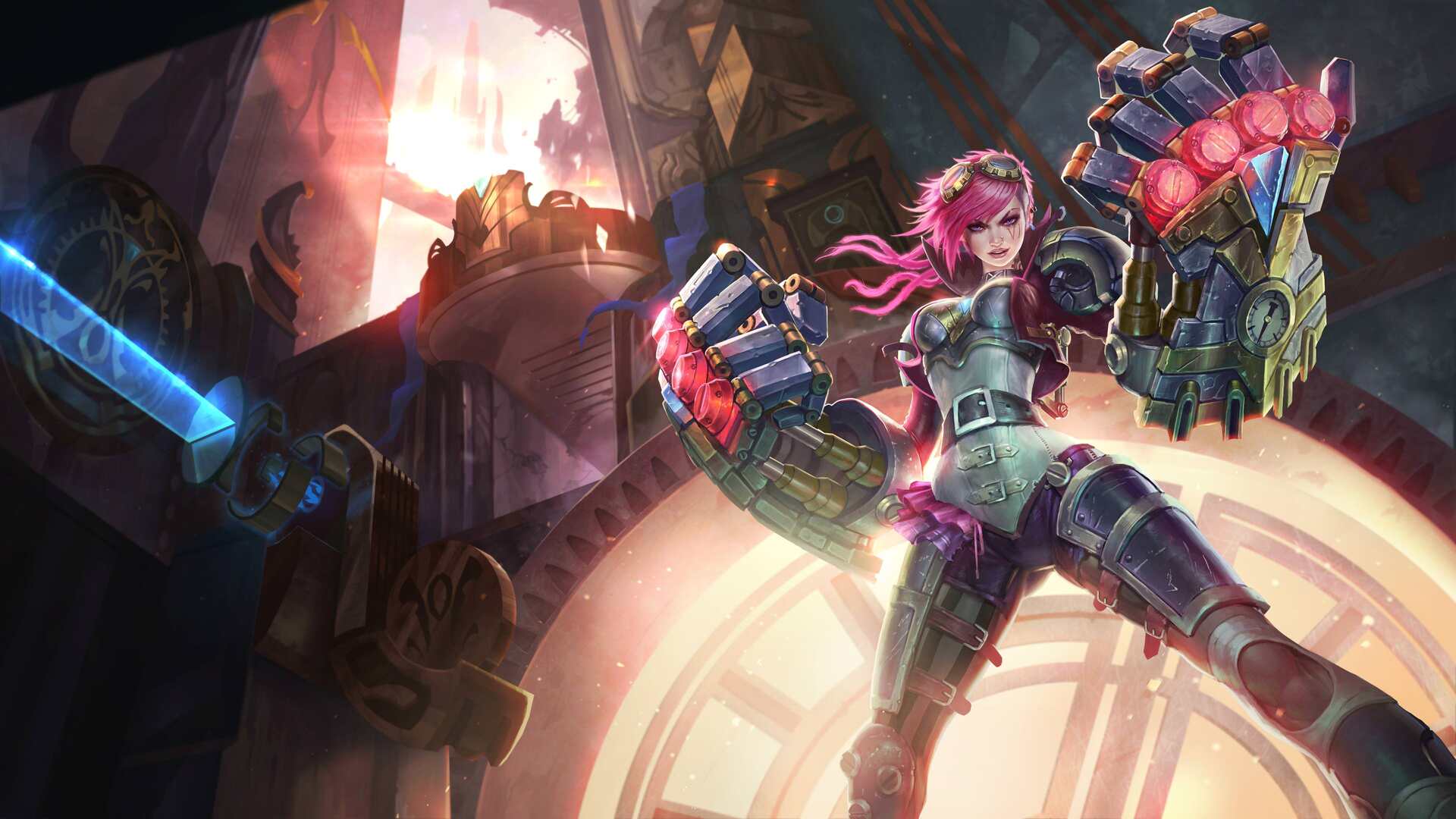 Vi, the Piltover Enforcer, from League of Legends, striking a dynamic pose with her Hextech gauntlets in a clockwork-themed background