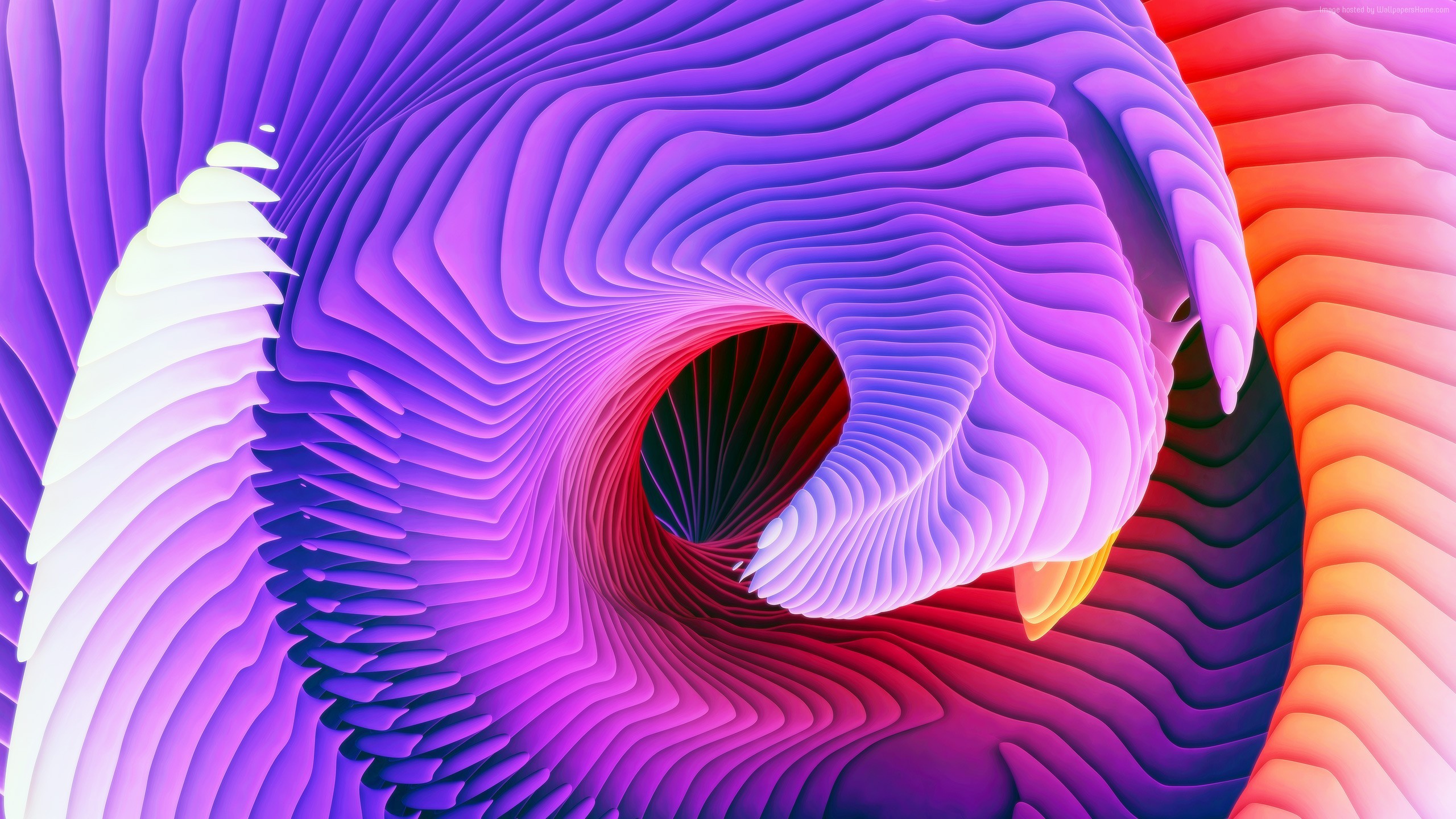 Abstract swirling vortex with layers of purple, pink, and orange, resembling a digital art wallpaper suitable for a MacBook