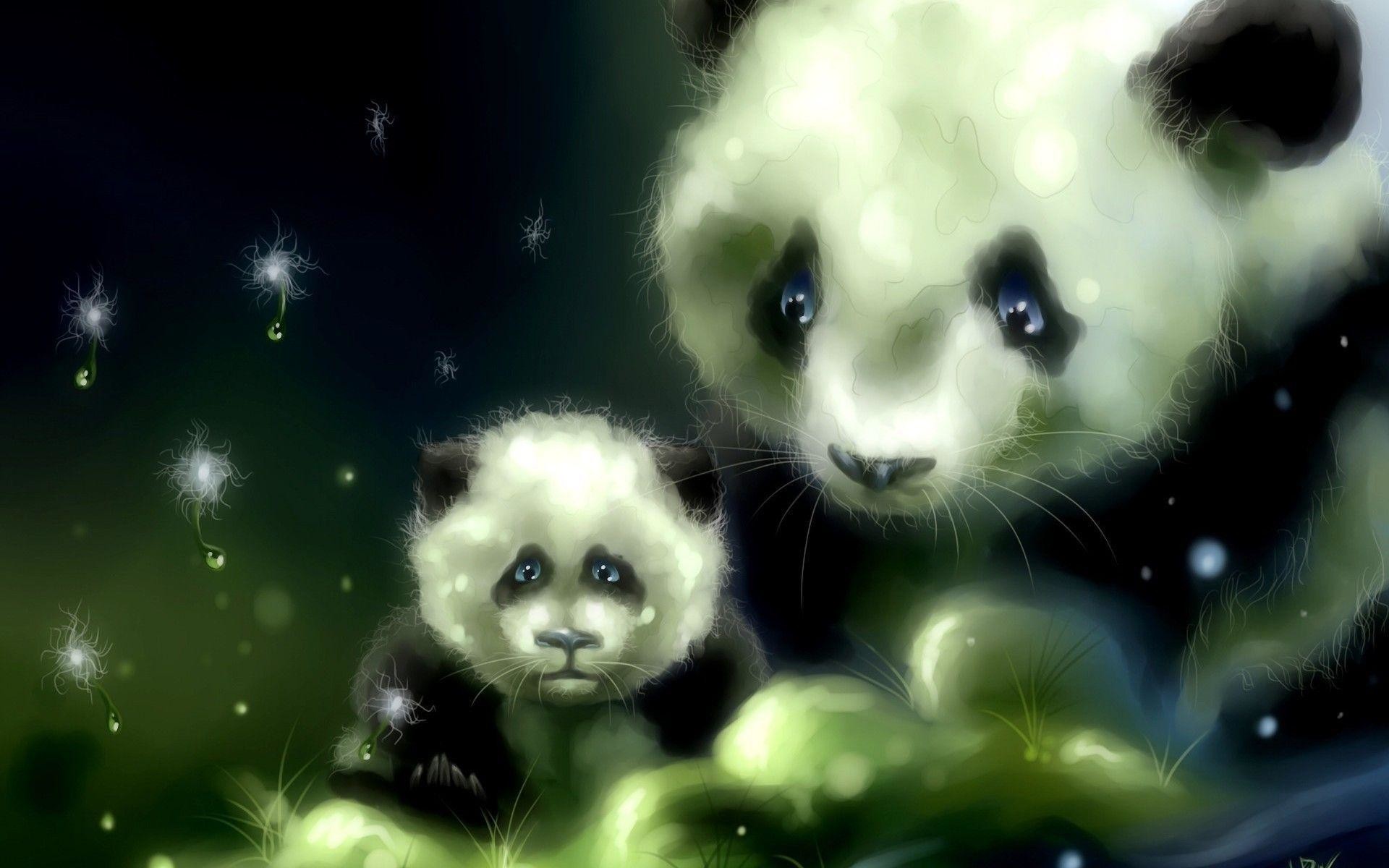 A heartwarming depiction of a mother panda and her cub, evoking a sense of tenderness and care. The soft, artistic style enhances the cuteness of the pandas