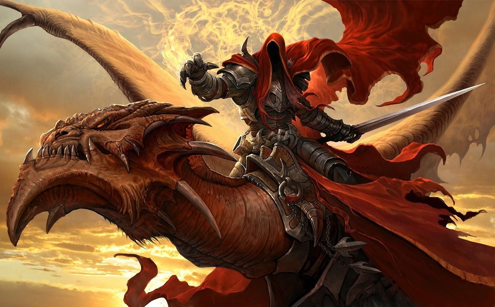Dragon Warrior Sunset Sword Fantasy Art Wallpaper HD
