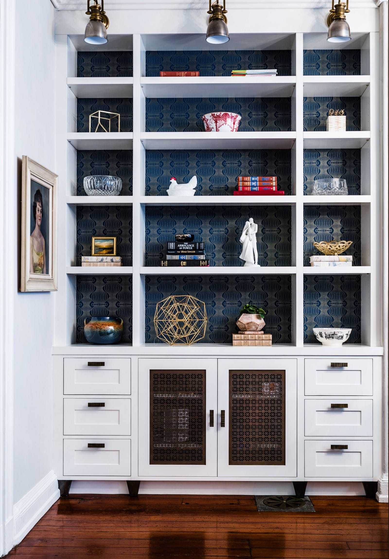 Custom Bookcase With Blue And Gold Accent Wallpaper By Michele Plachter Design