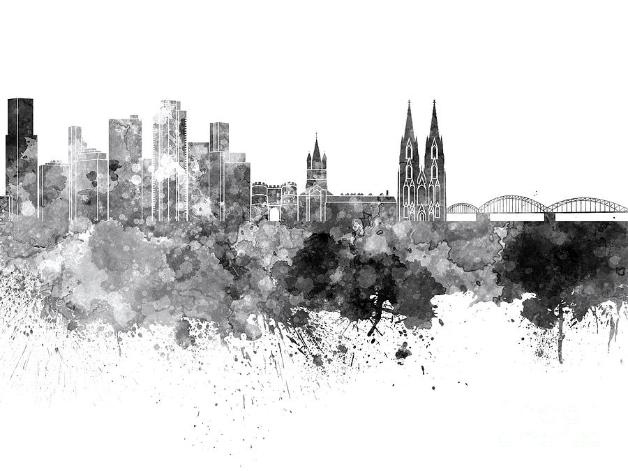 Cologne Skyline In Black Watercolor On White Background Painting